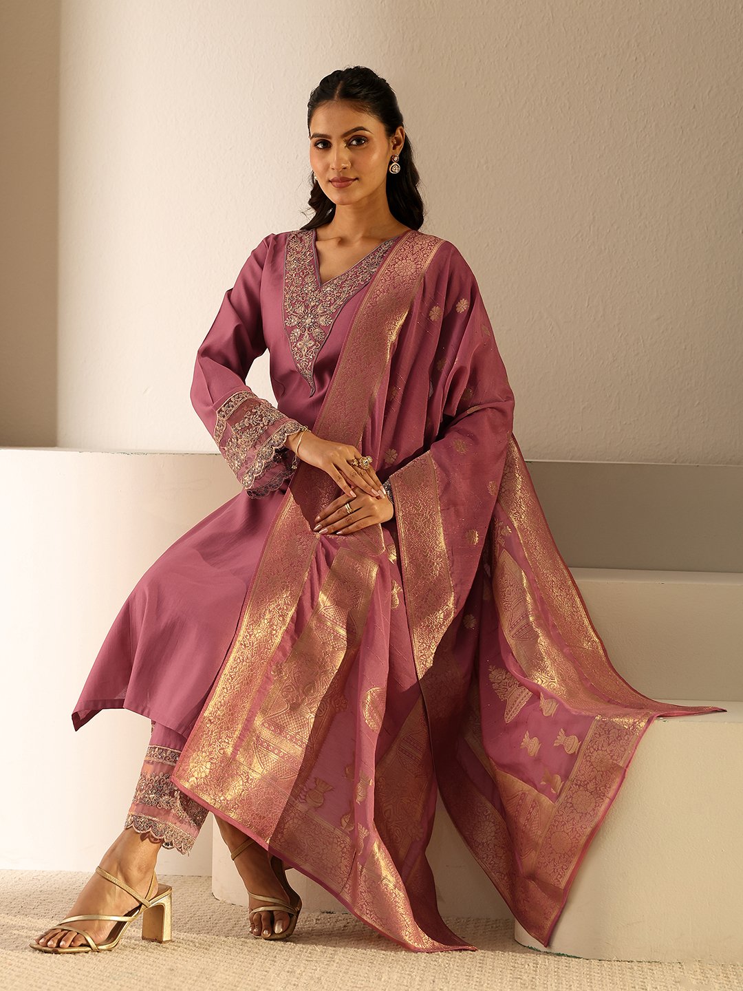 Pink Embroidered Kurta Set with Banarasi Dupatta