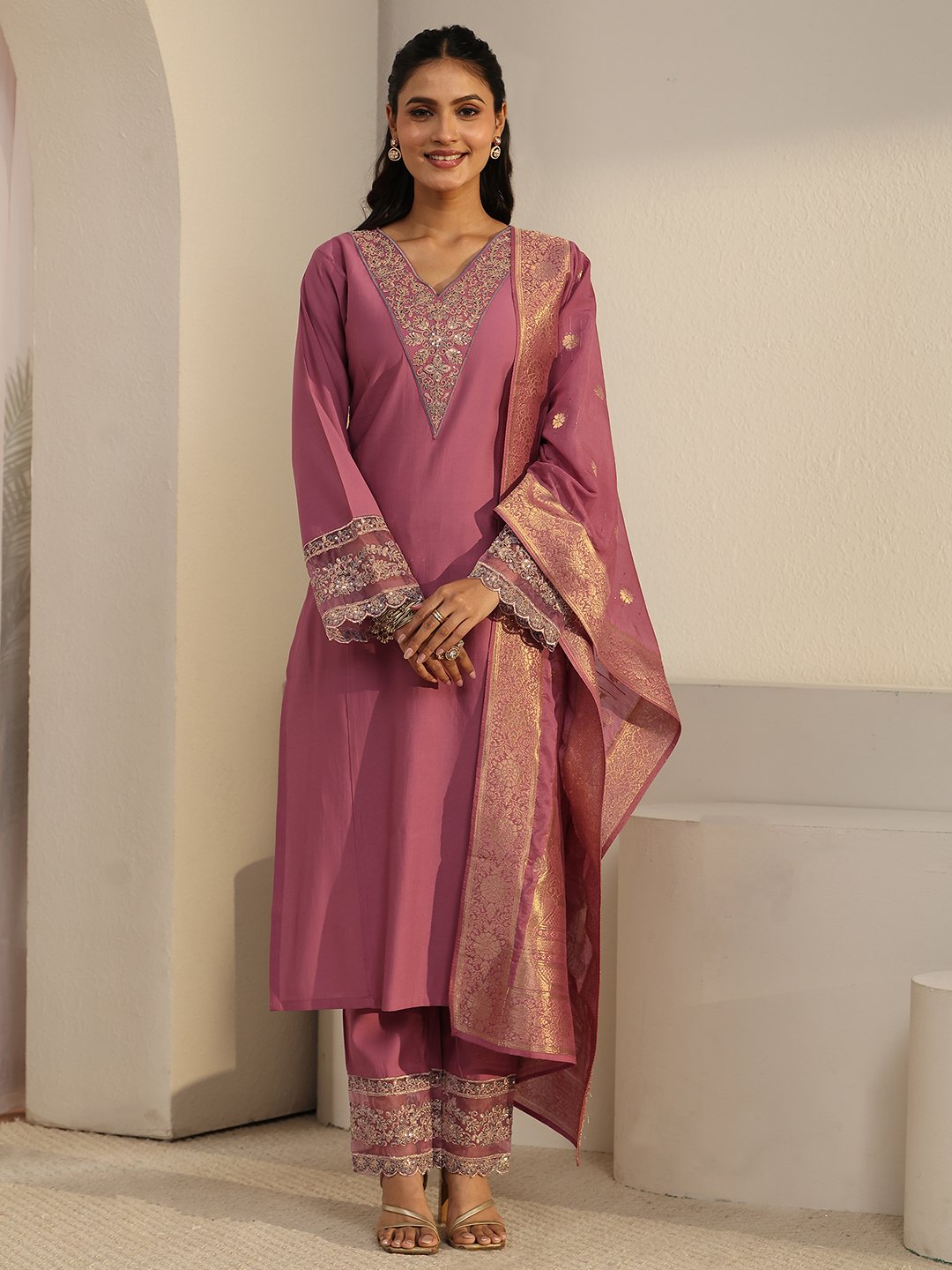 Pink Embroidered Kurta Set with Banarasi Dupatta