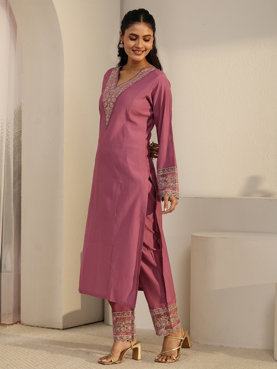 Pink Embroidered Kurta Set with Banarasi Dupatta