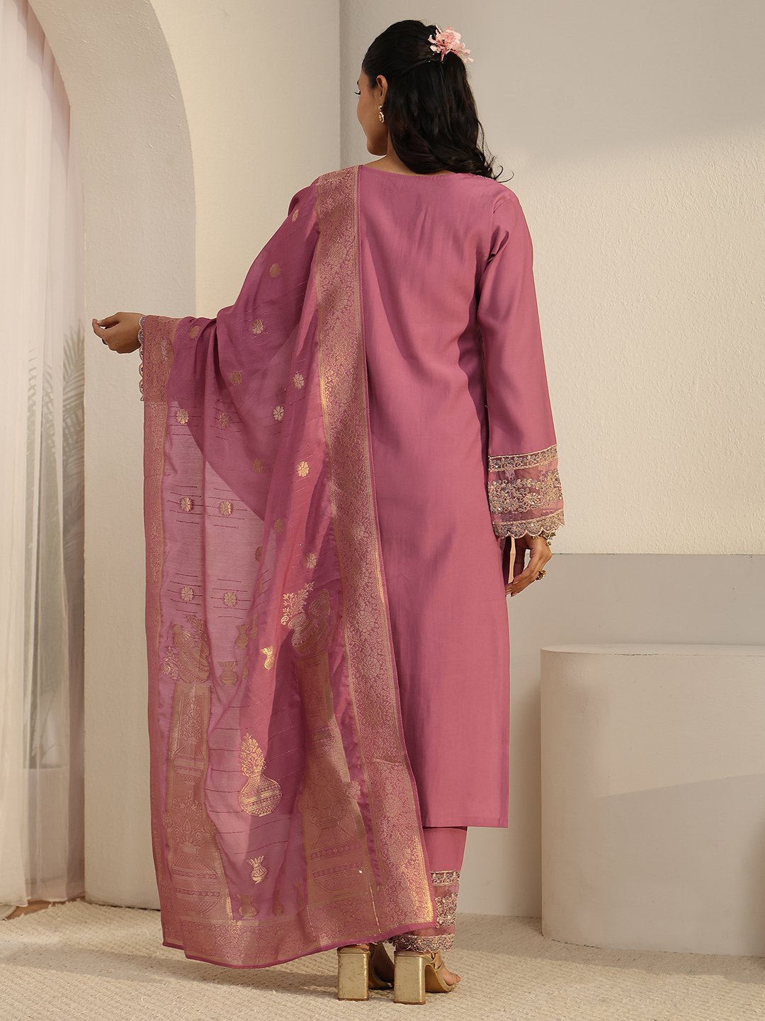 Pink Embroidered Kurta Set with Banarasi Dupatta