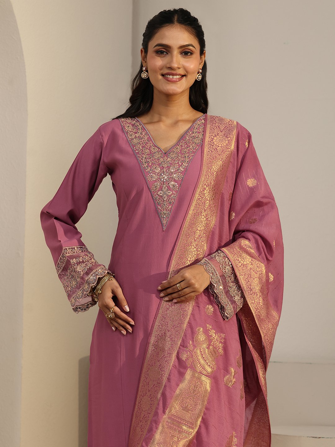 Pink Embroidered Kurta Set with Banarasi Dupatta