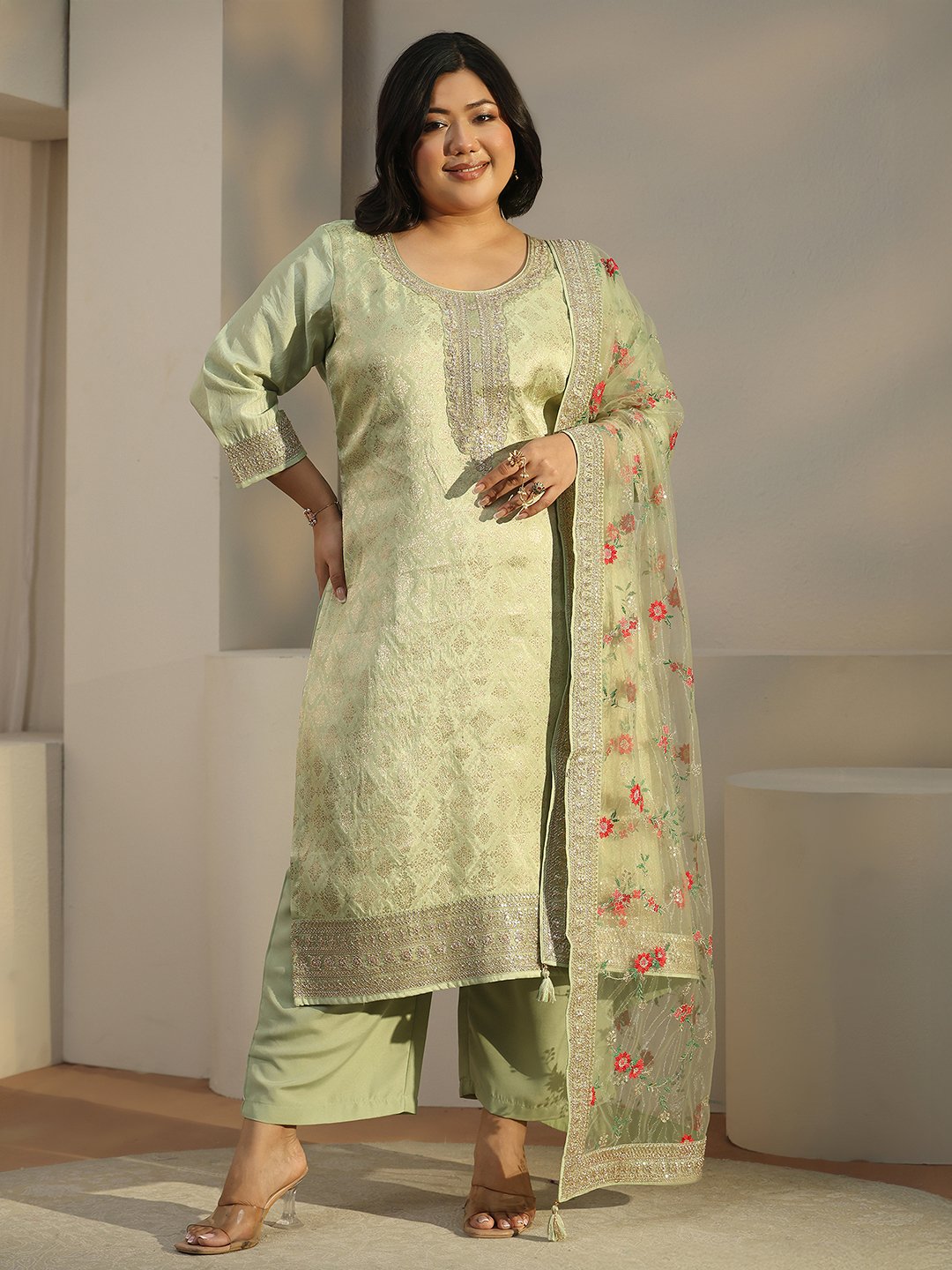 Green Woven Silk Blend Kurta Set with Dupatta - Plus Size