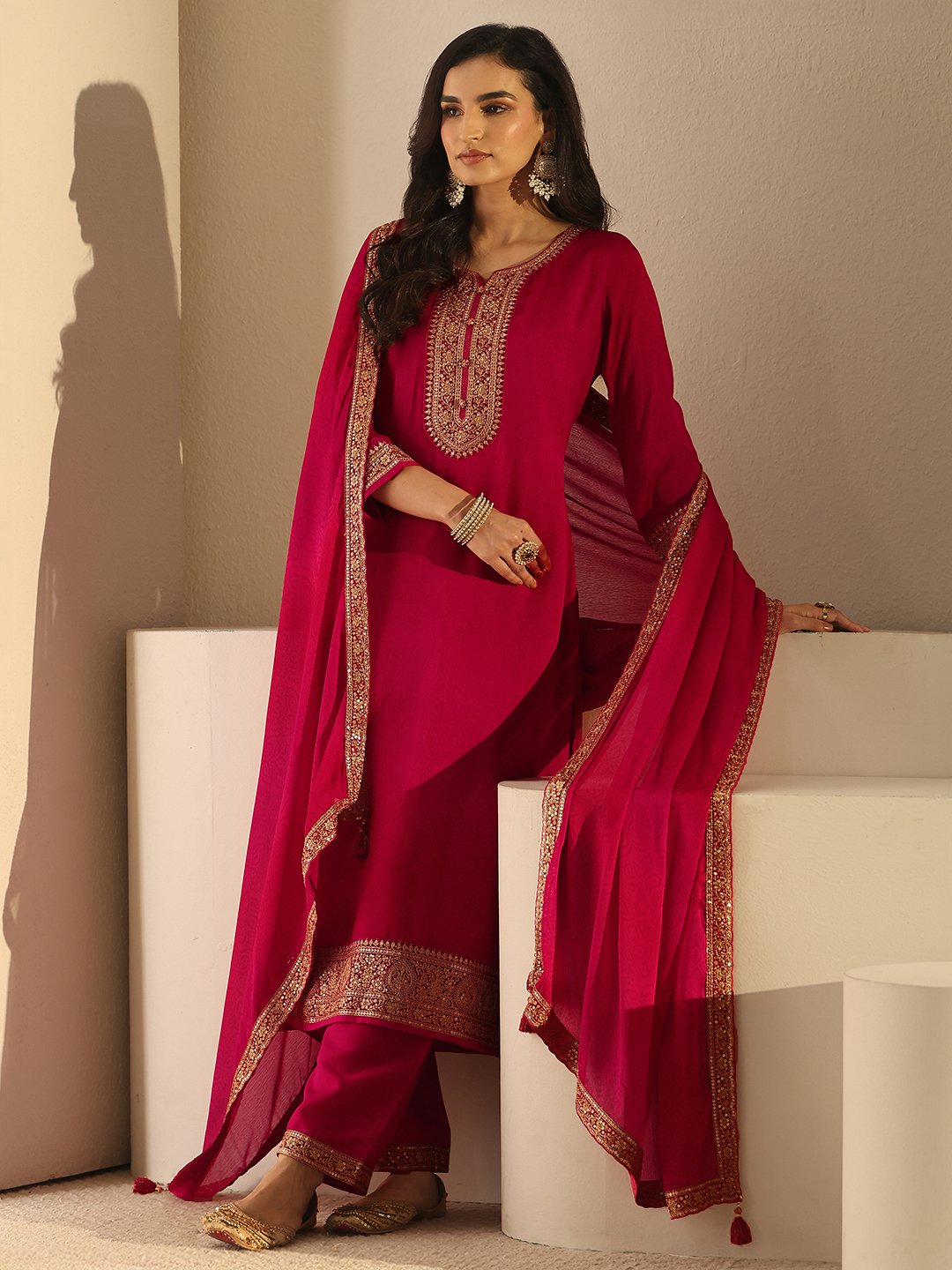 Pink Embroidered Kurta Set with Straight Pants and Dupatta