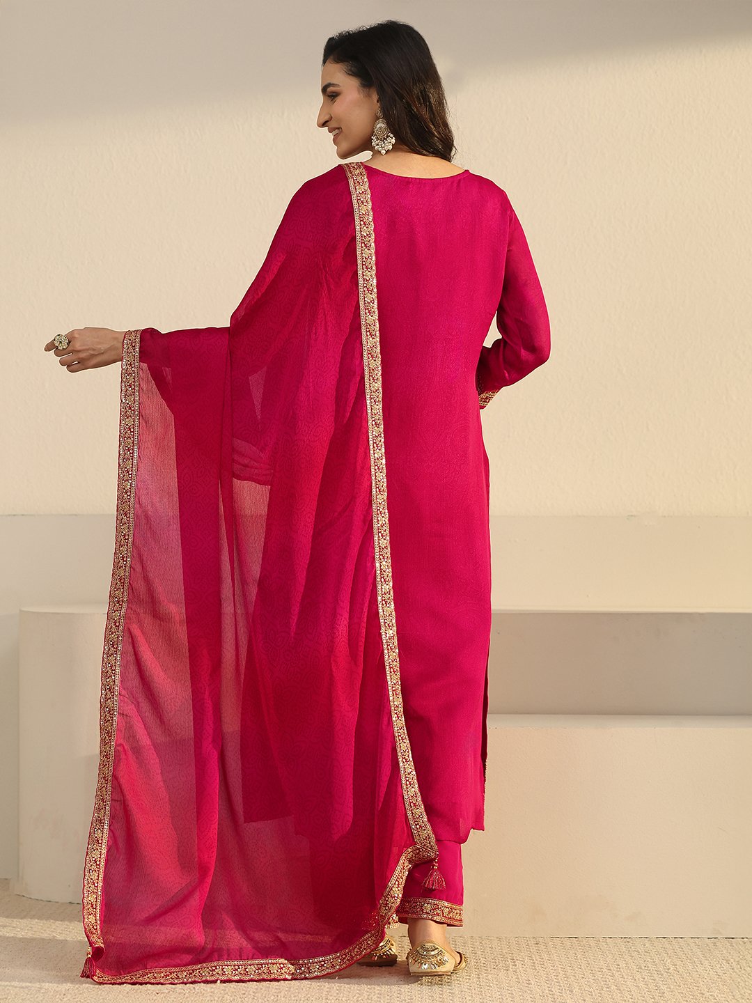 Pink Embroidered Kurta Set with Straight Pants and Dupatta