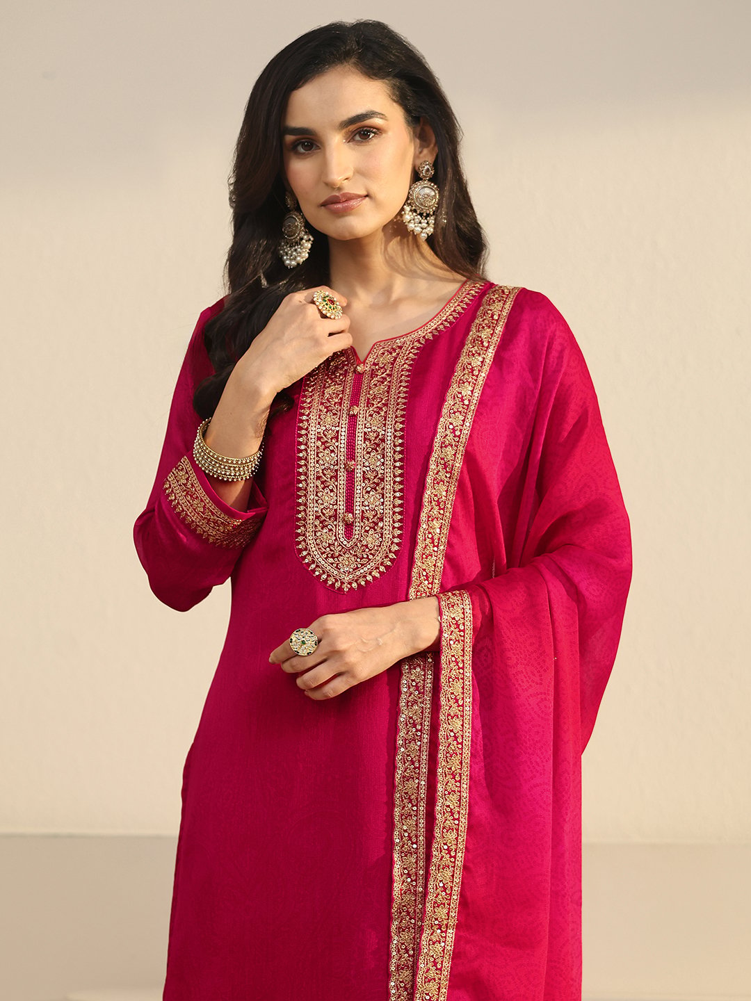 Pink Embroidered Kurta Set with Straight Pants and Dupatta