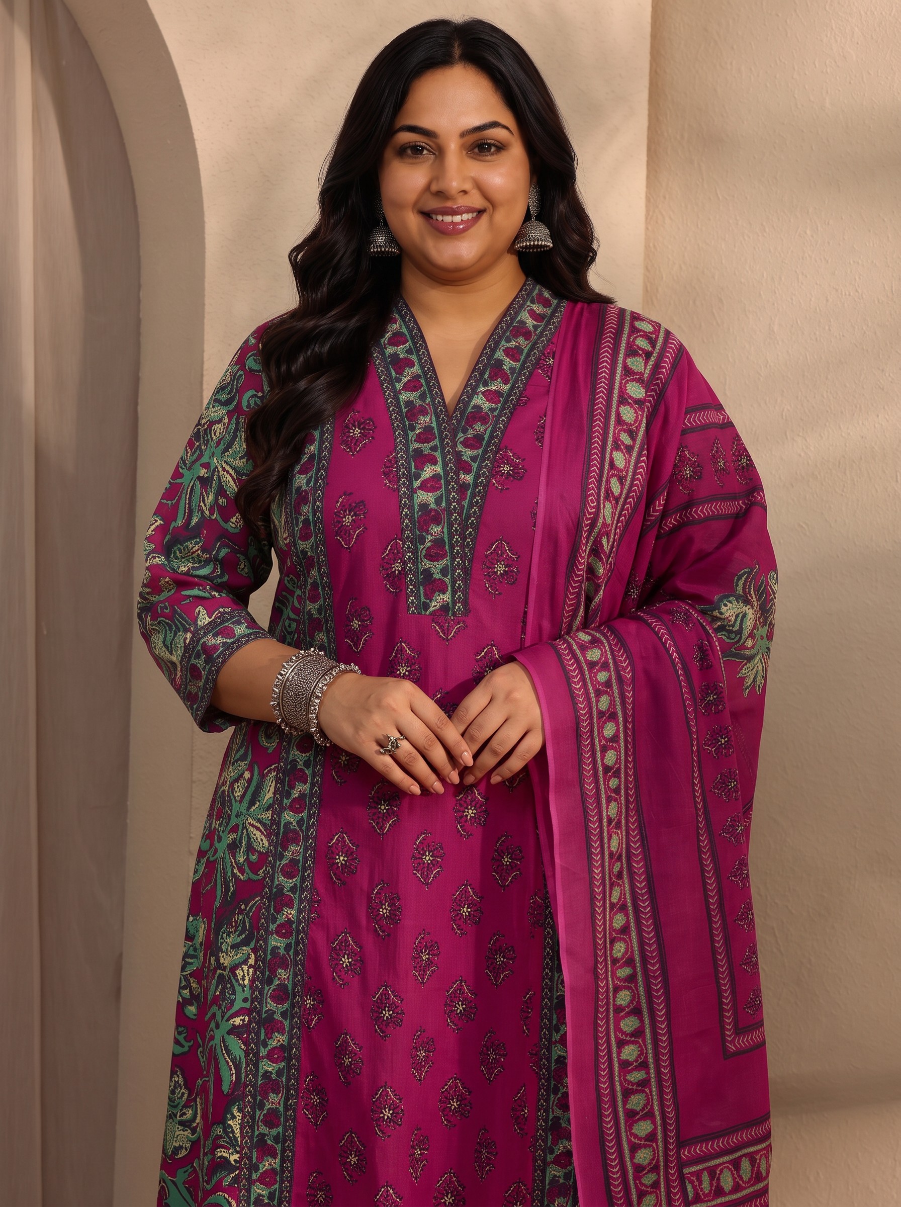Plus Size Pink Floral Printed Kurta Set with Dupatta Set