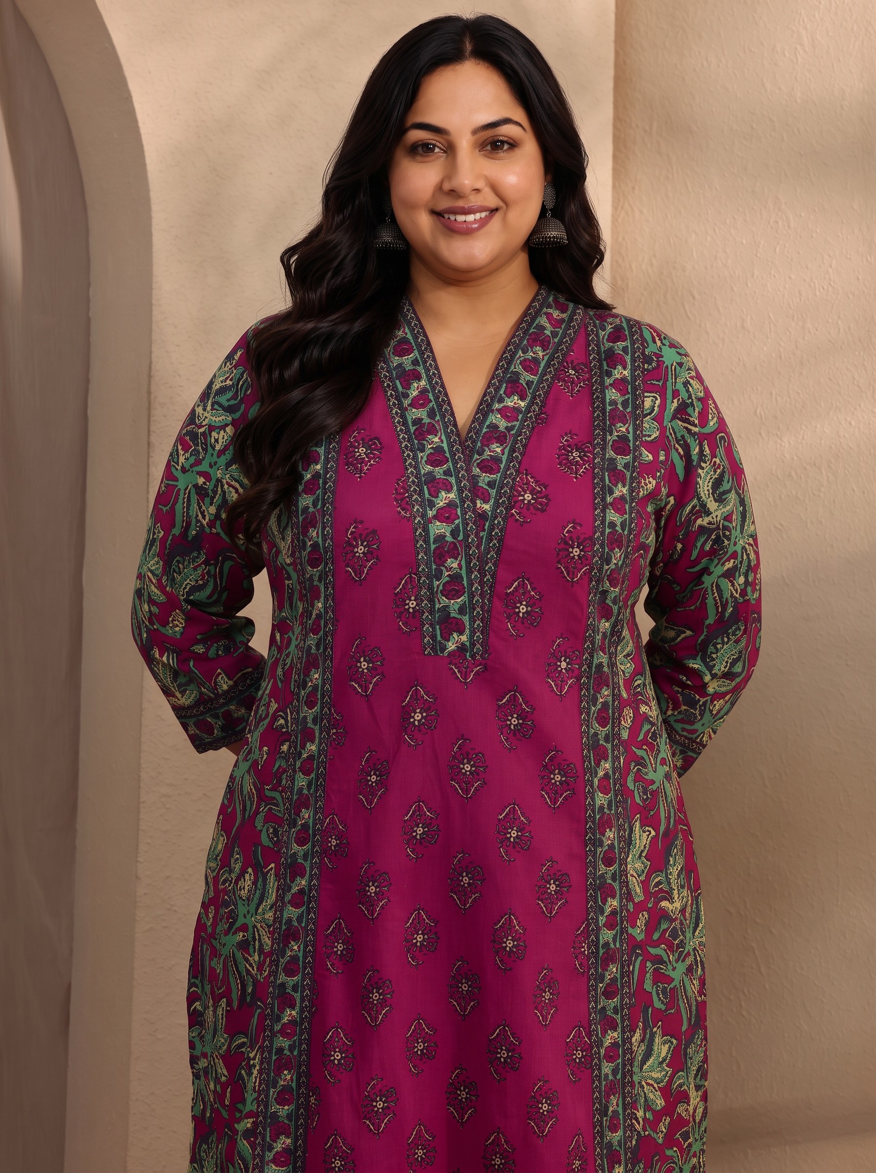 Plus Size Pink Floral Printed Kurta Set with Dupatta Set