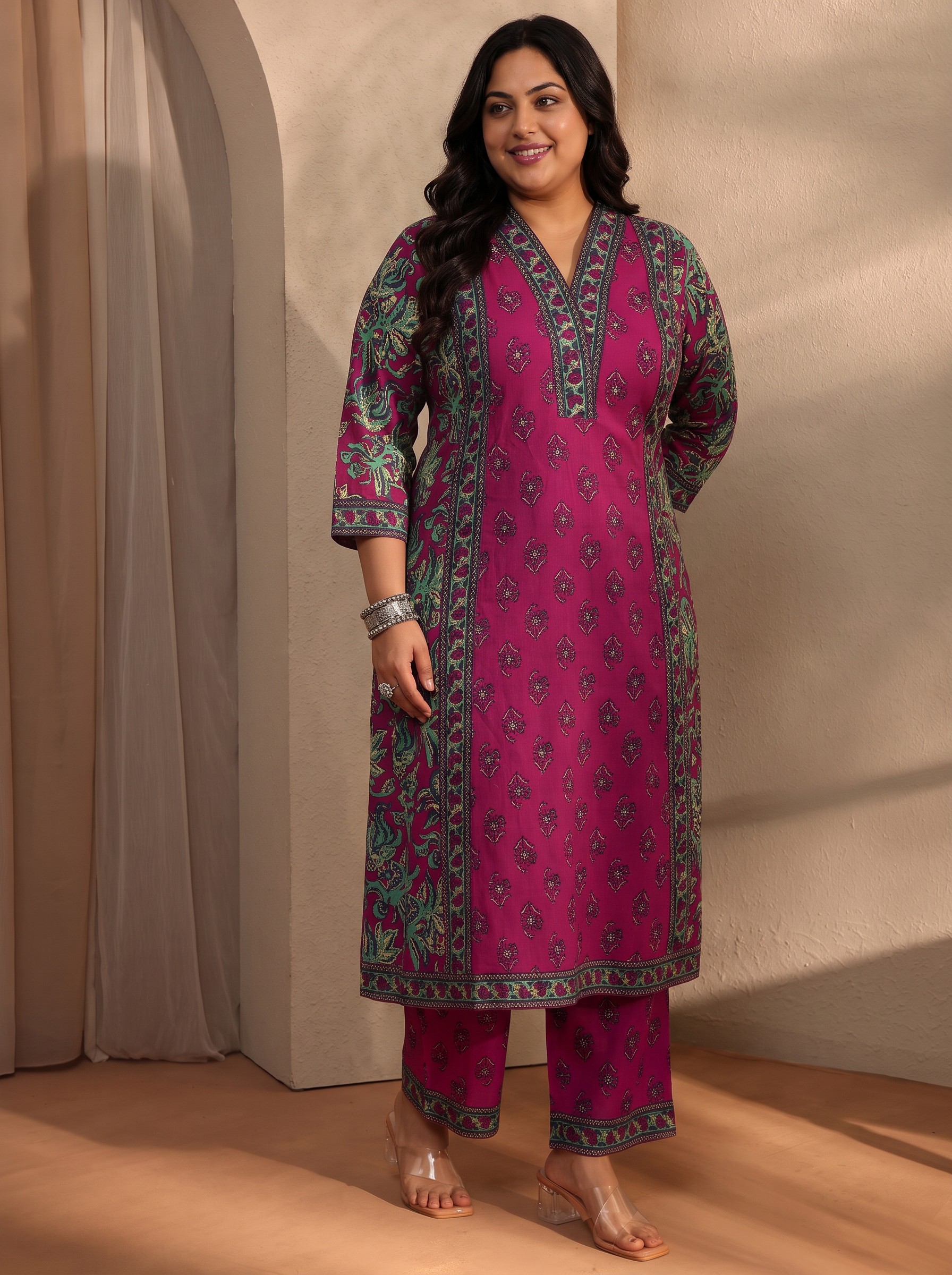 Plus Size Pink Floral Printed Kurta Set with Dupatta Set