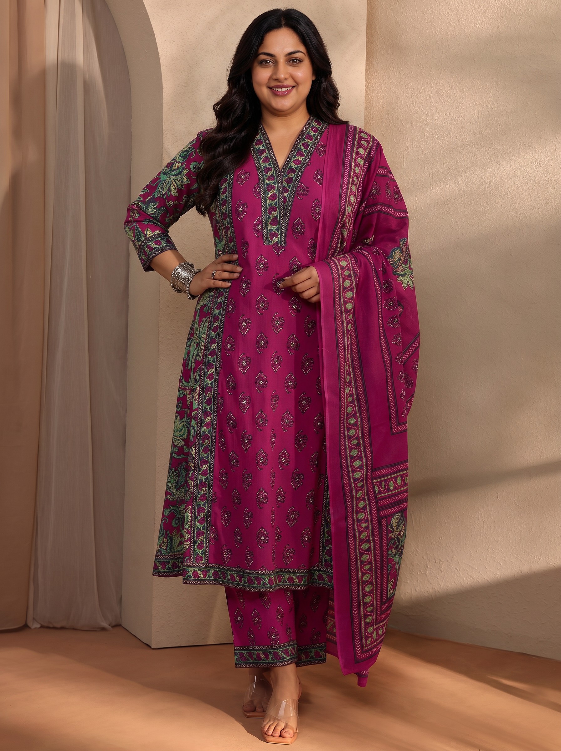 Plus Size Pink Floral Printed Kurta Set with Dupatta Set