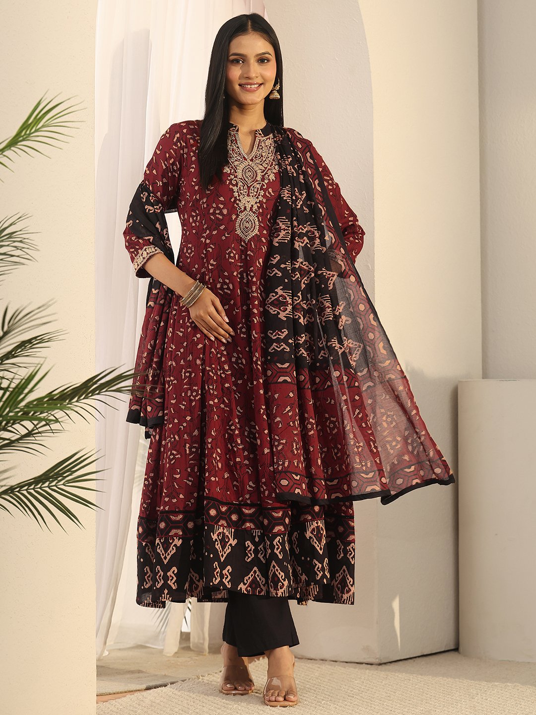 Maroon Embroidered Anarkali Kurta Set with Straight Pants and Dupatta