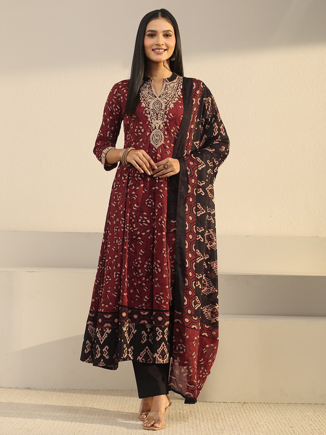 Maroon Embroidered Anarkali Kurta Set with Straight Pants and Dupatta