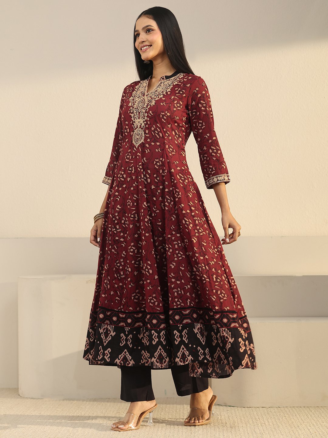 Maroon Embroidered Anarkali Kurta Set with Straight Pants and Dupatta
