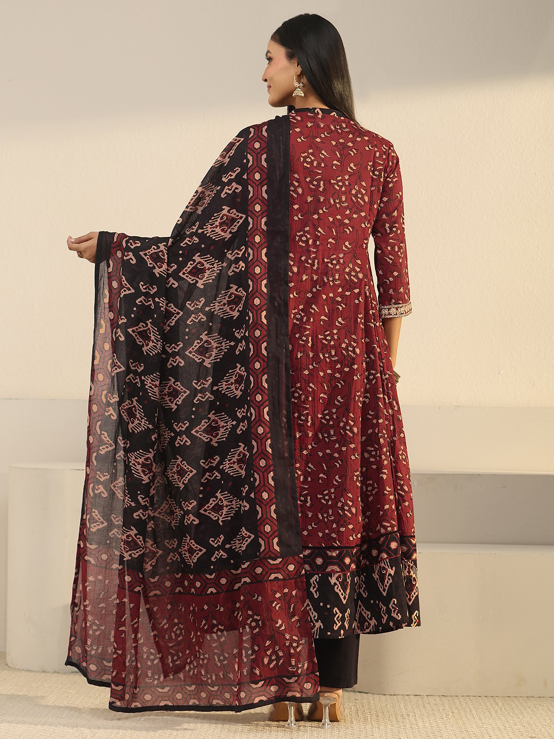Maroon Embroidered Anarkali Kurta Set with Straight Pants and Dupatta