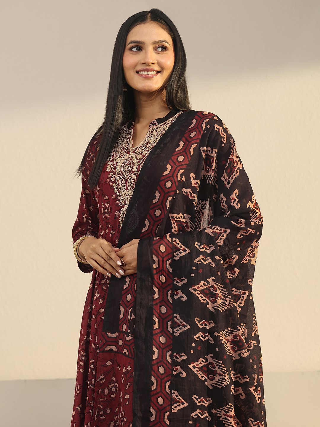 Maroon Embroidered Anarkali Kurta Set with Straight Pants and Dupatta