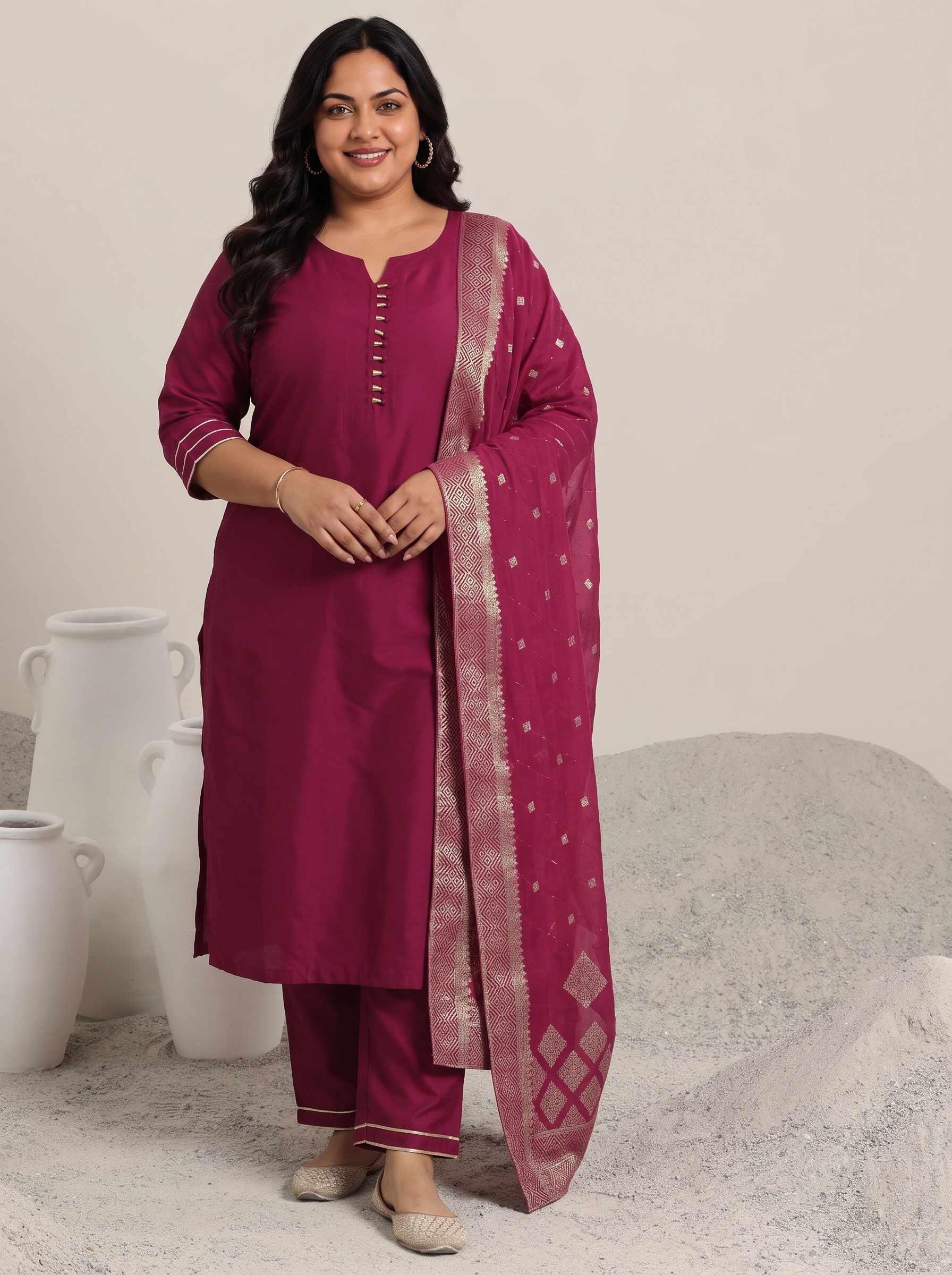 Plus Size Pink Silk Blend Kurta Set with Dupatta
