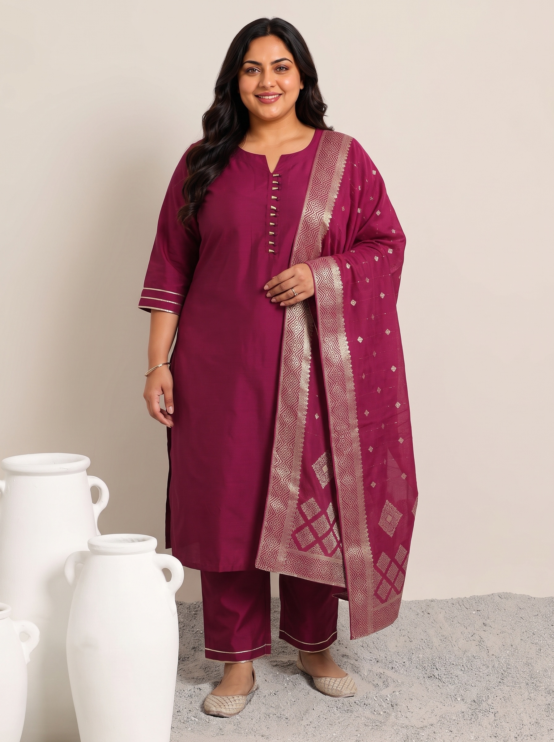 Plus Size Pink Silk Blend Kurta Set with Dupatta