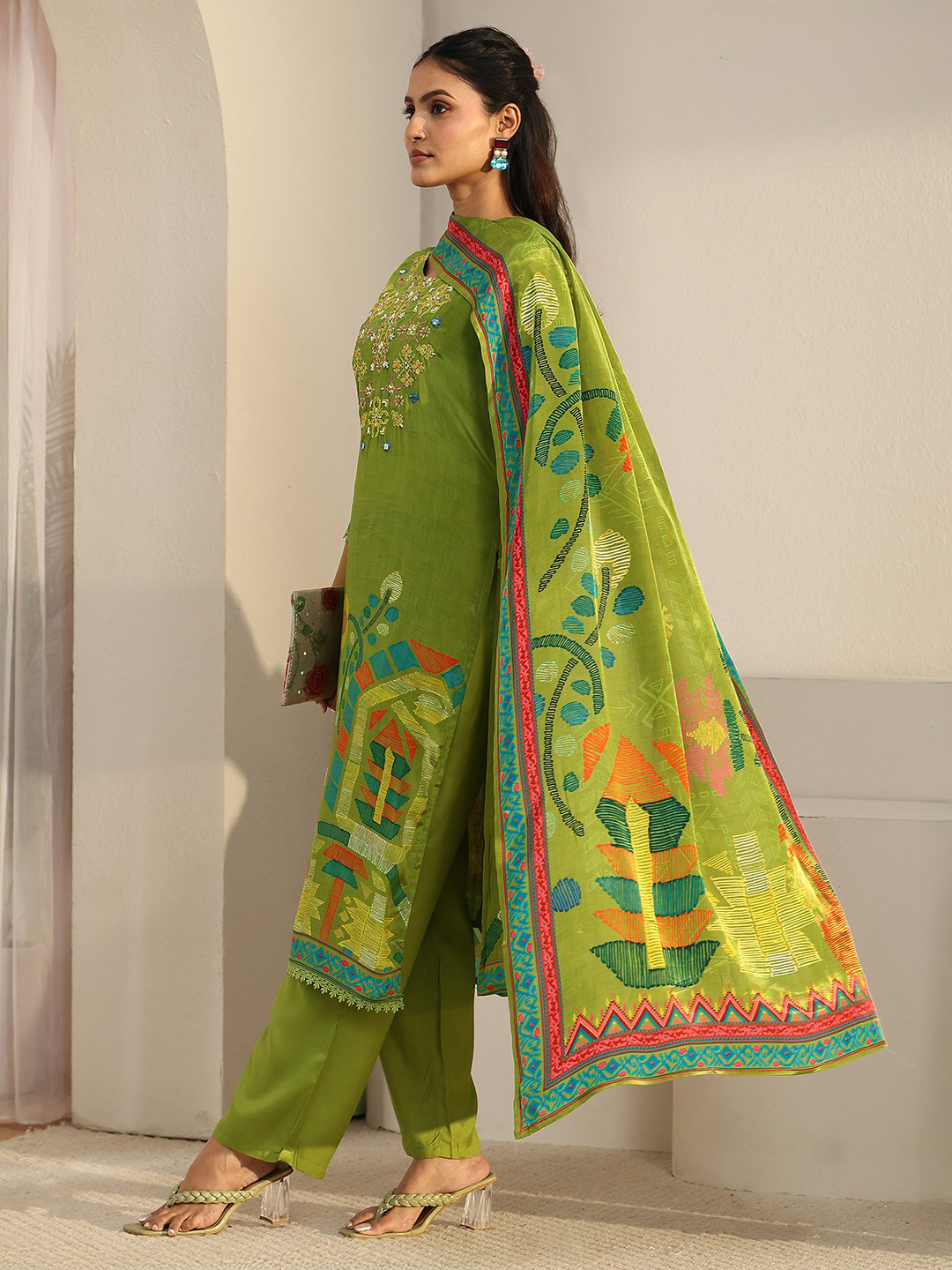 Green Embroidered Kurta Set with Straight Pants and Printed Dupatta