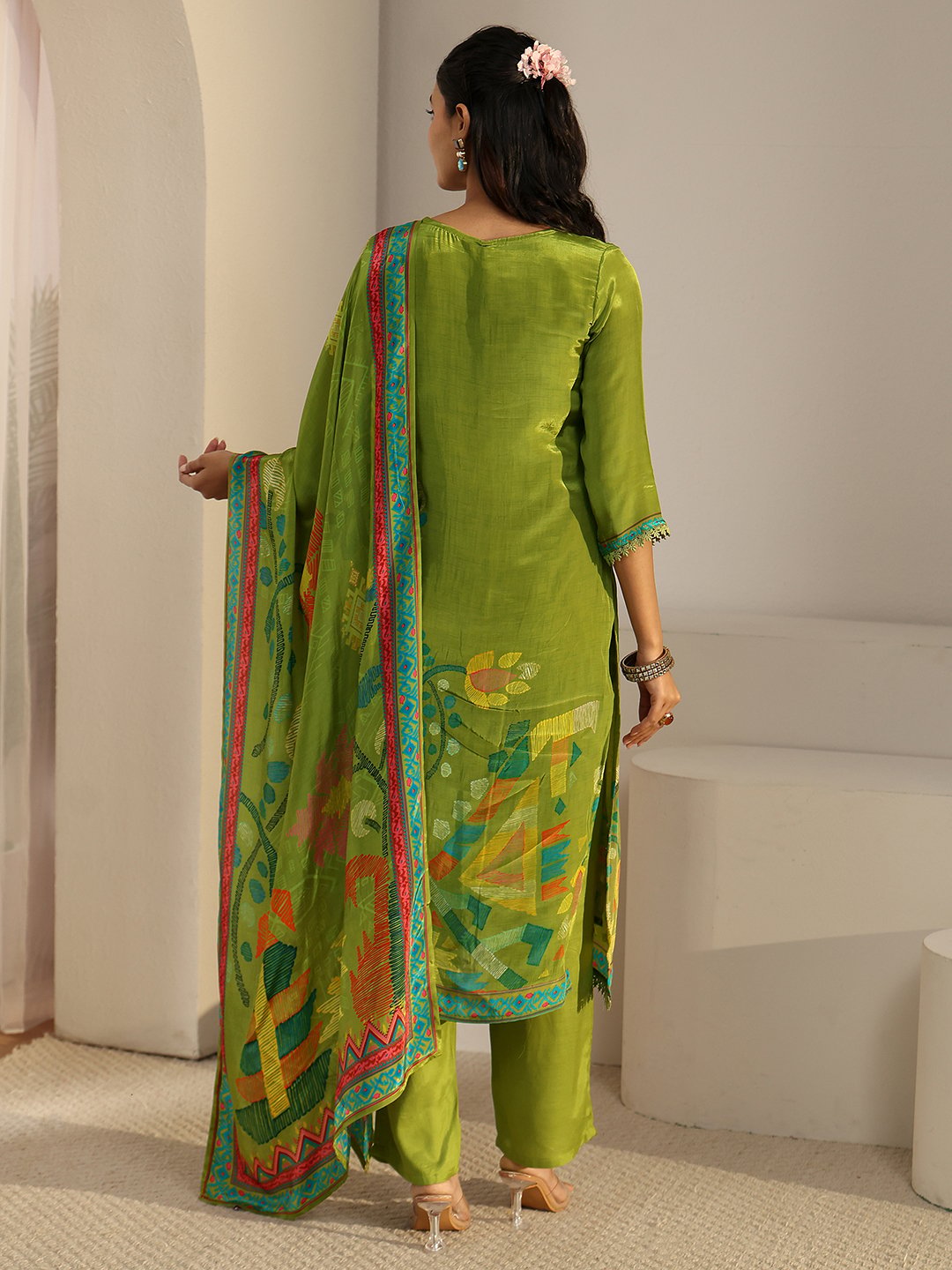 Green Embroidered Kurta Set with Straight Pants and Printed Dupatta