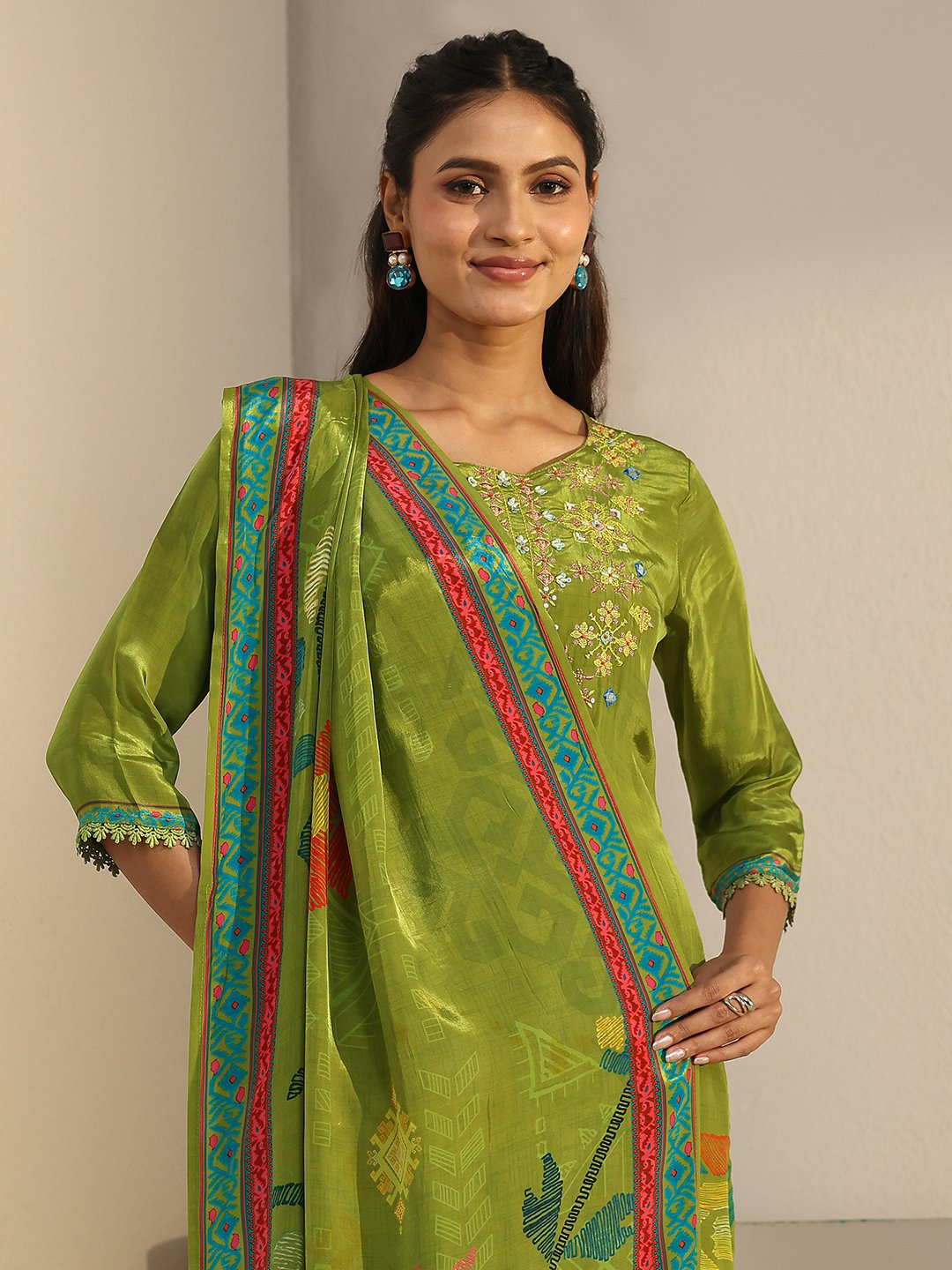 Green Embroidered Kurta Set with Straight Pants and Printed Dupatta