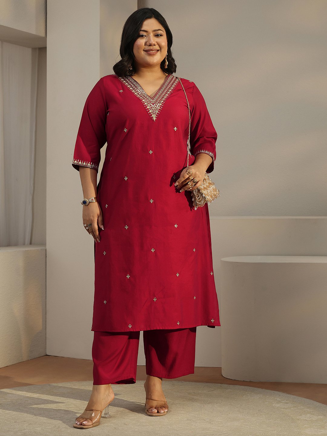 Plus Size Red Embroidered Silk Blend Kurta and Trouser Set