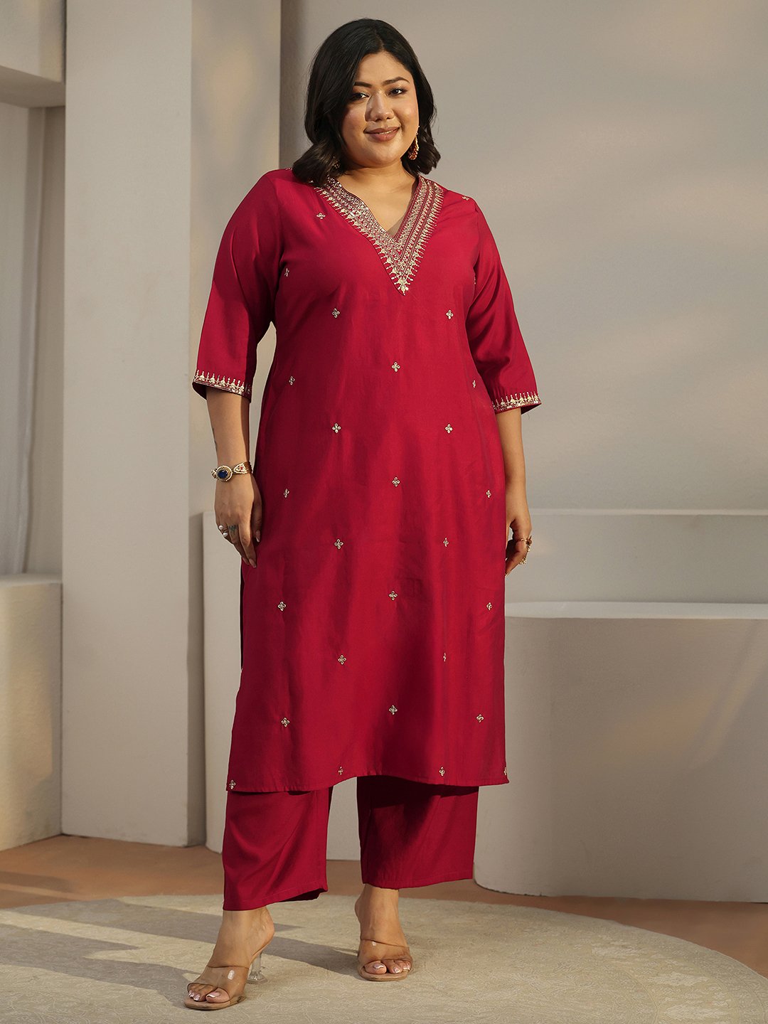 Plus Size Red Embroidered Silk Blend Kurta and Trouser Set
