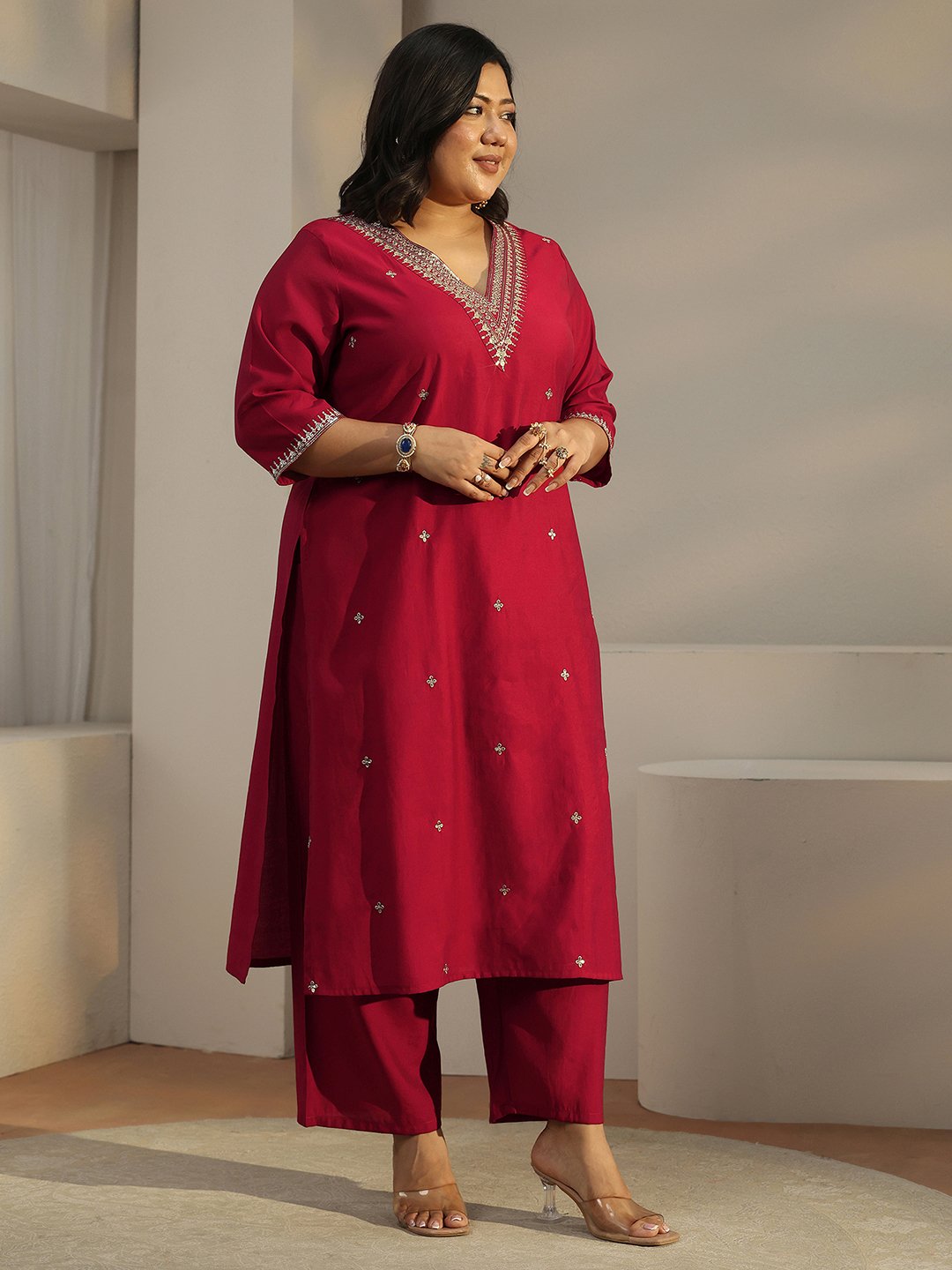 Plus Size Red Embroidered Silk Blend Kurta and Trouser Set