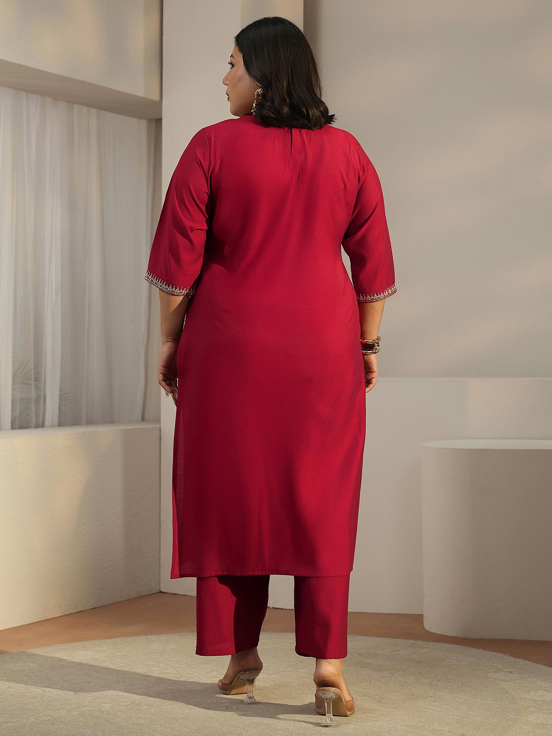 Plus Size Red Embroidered Silk Blend Kurta and Trouser Set