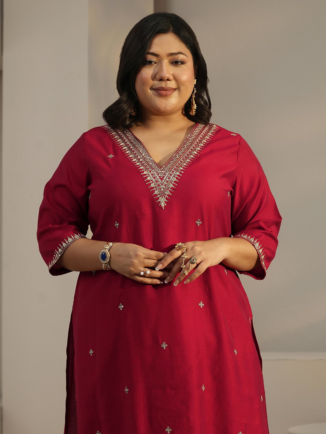 Plus Size Red Embroidered Silk Blend Kurta and Trouser Set
