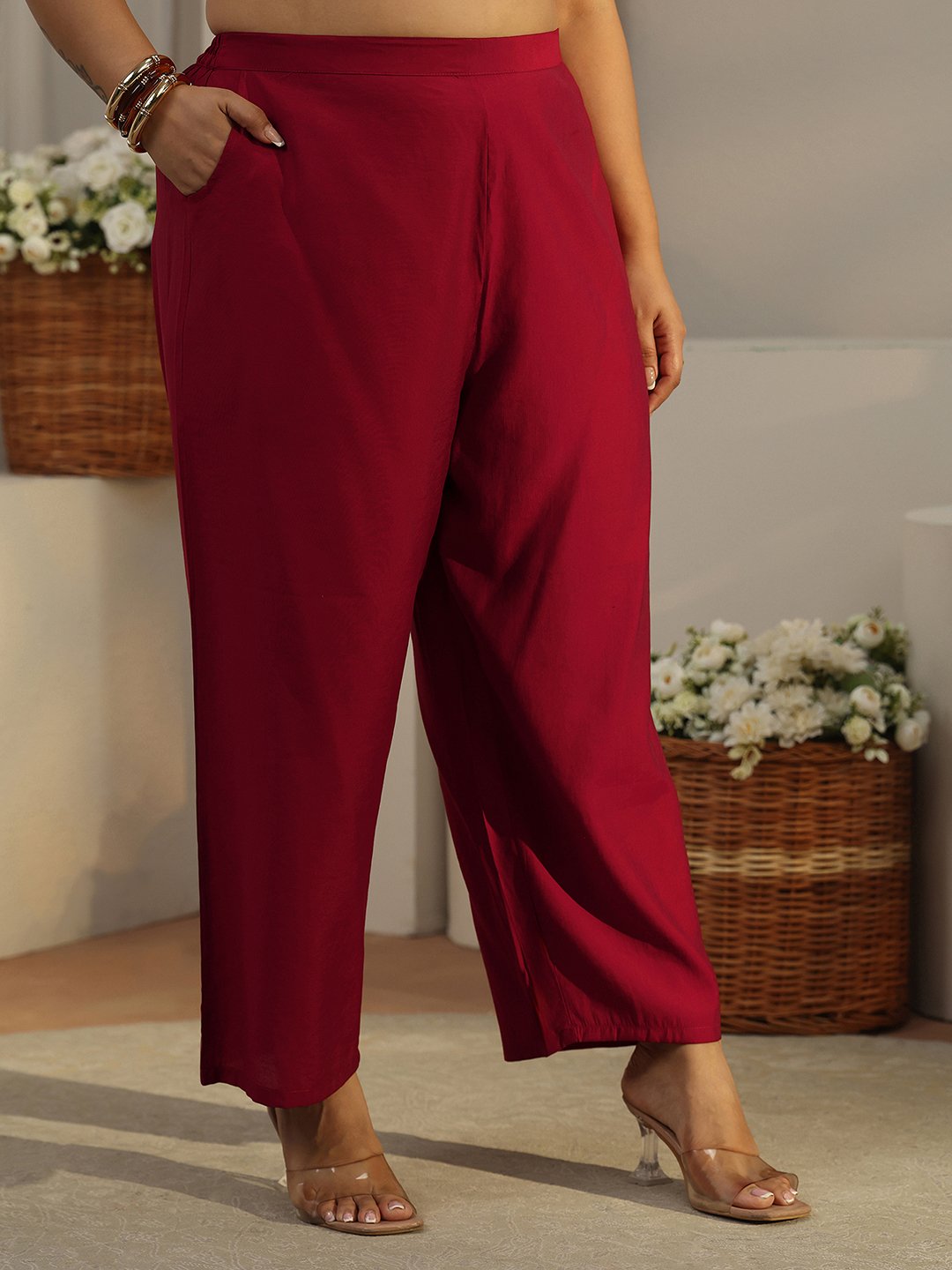 Plus Size Red Embroidered Silk Blend Kurta and Trouser Set
