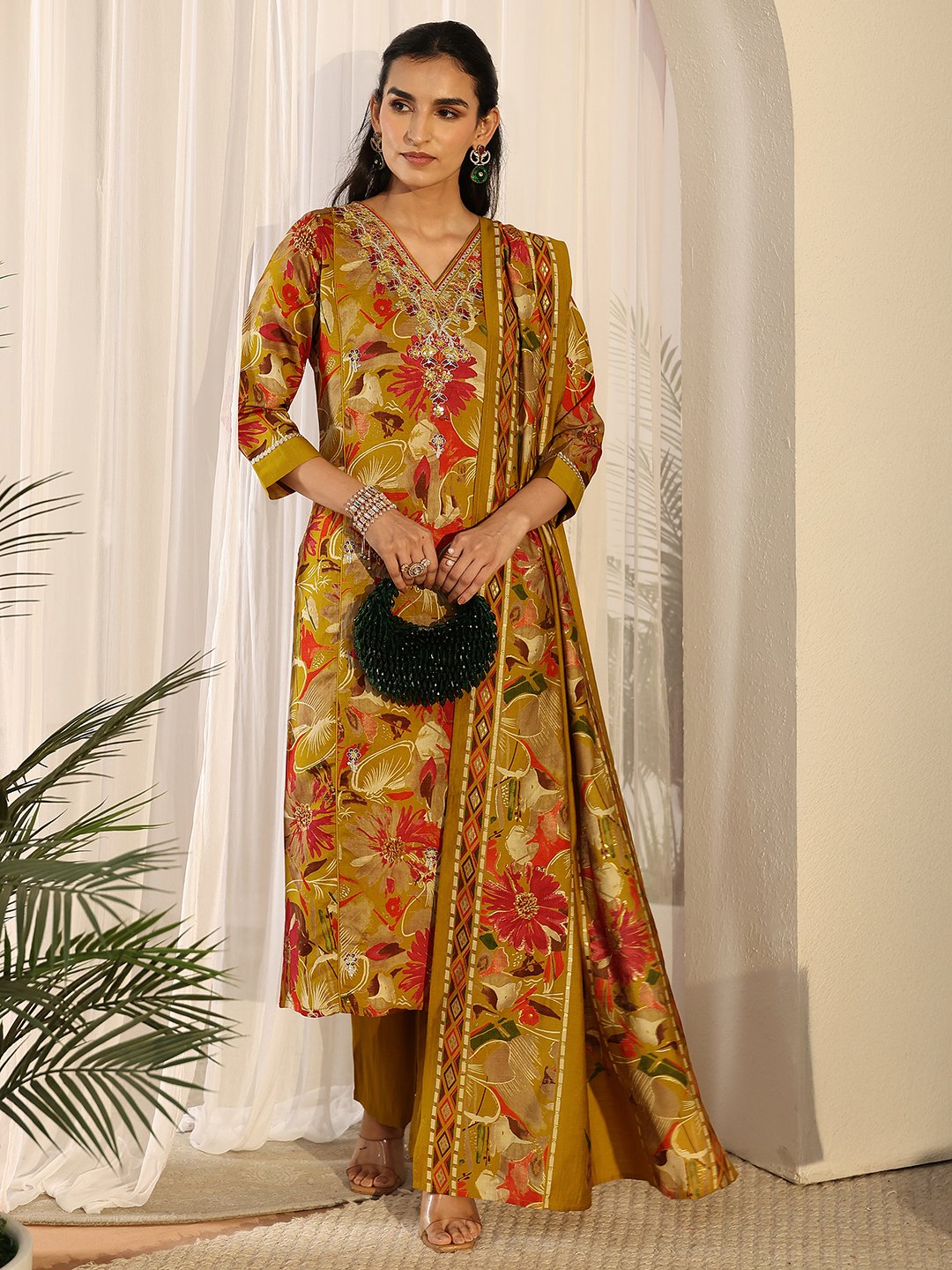 Mustard Floral Printed Kurta Set with V Neck and Dupatta Set