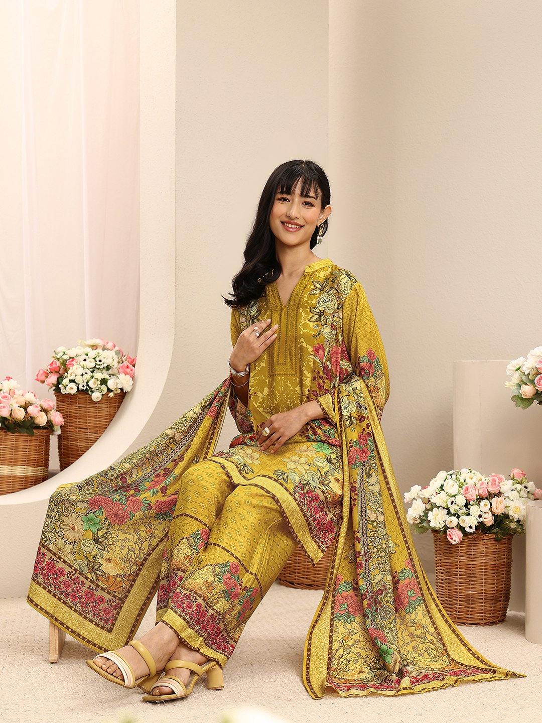 Mustard Floral Printed Kurta Set with Palazzo and Dupatta
