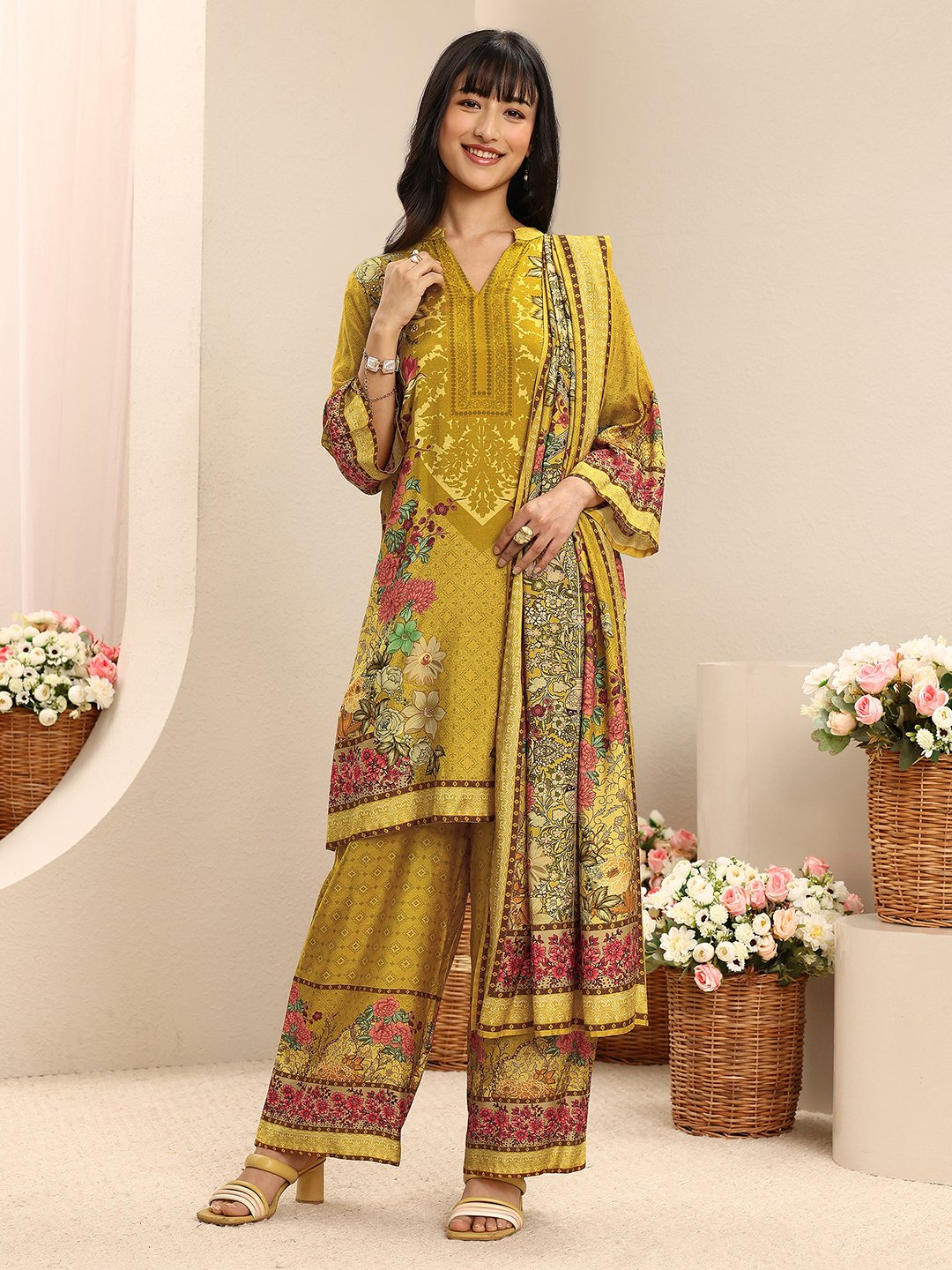 Mustard Floral Printed Kurta Set with Palazzo and Dupatta