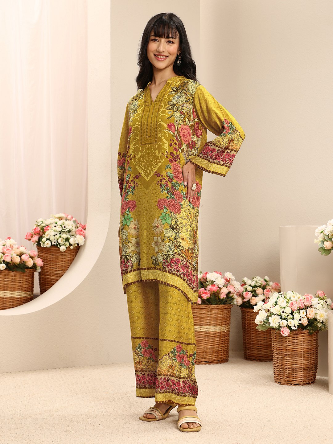 Mustard Floral Printed Kurta Set with Palazzo and Dupatta