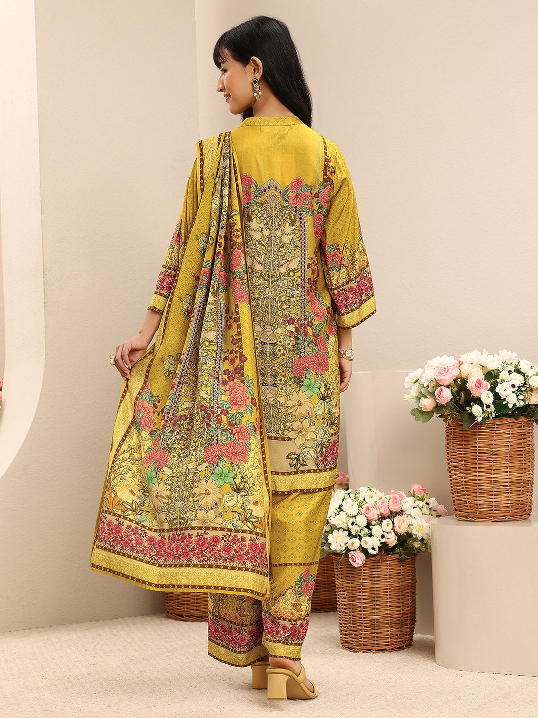 Mustard Floral Printed Kurta Set with Palazzo and Dupatta