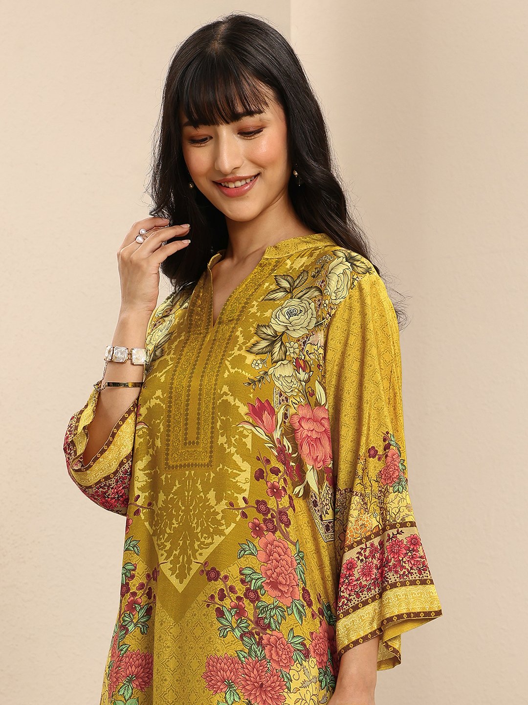 Mustard Floral Printed Kurta Set with Palazzo and Dupatta