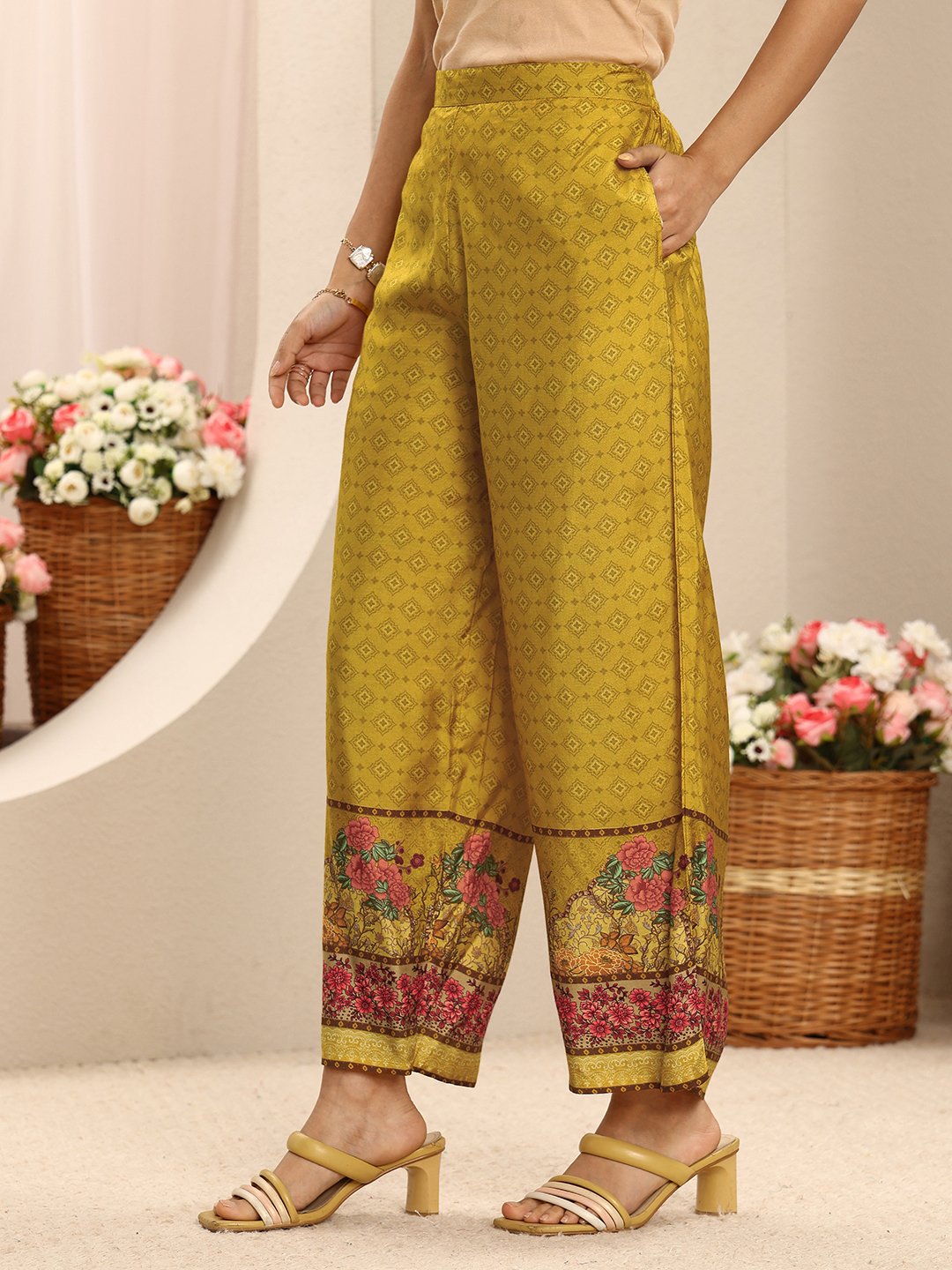 Mustard Floral Printed Kurta Set with Palazzo and Dupatta