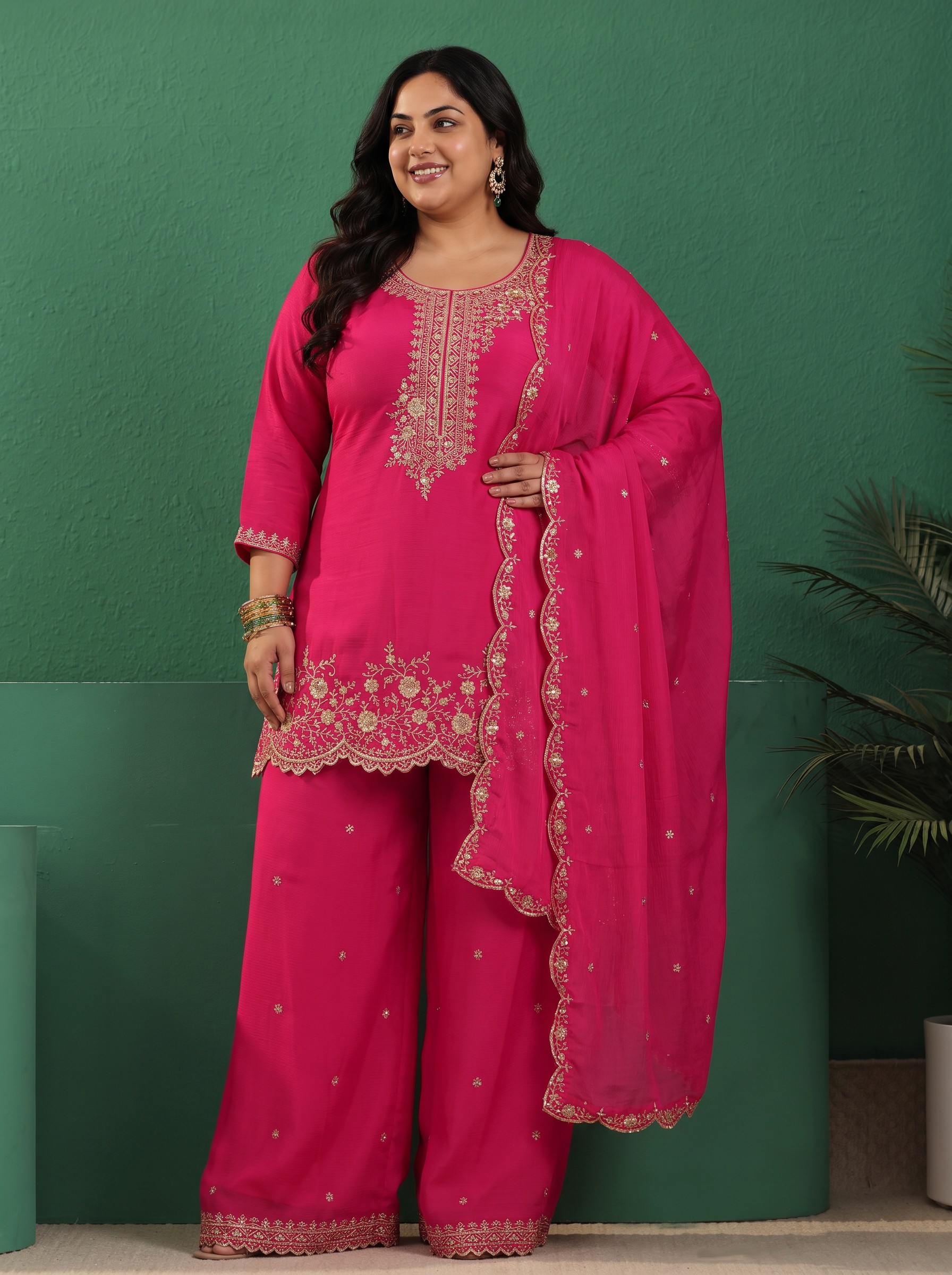 Plus Size Pink Zari Embroidered Kurta Palazzo Set with Dupatta
