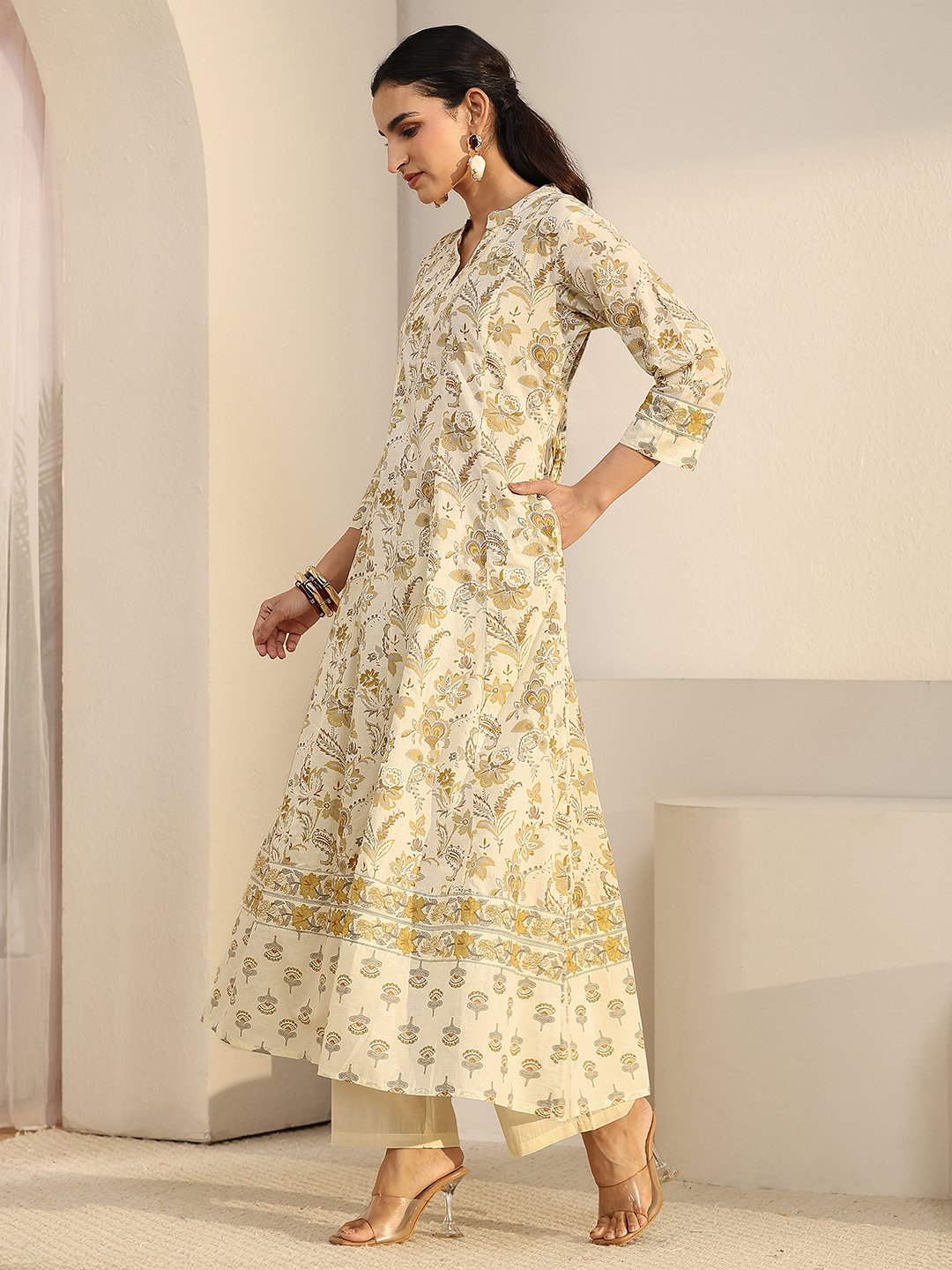 Off-White Printed Flared Kurta Set with Dupatta