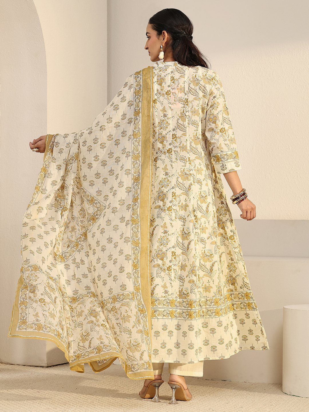 Off-White Printed Flared Kurta Set with Dupatta