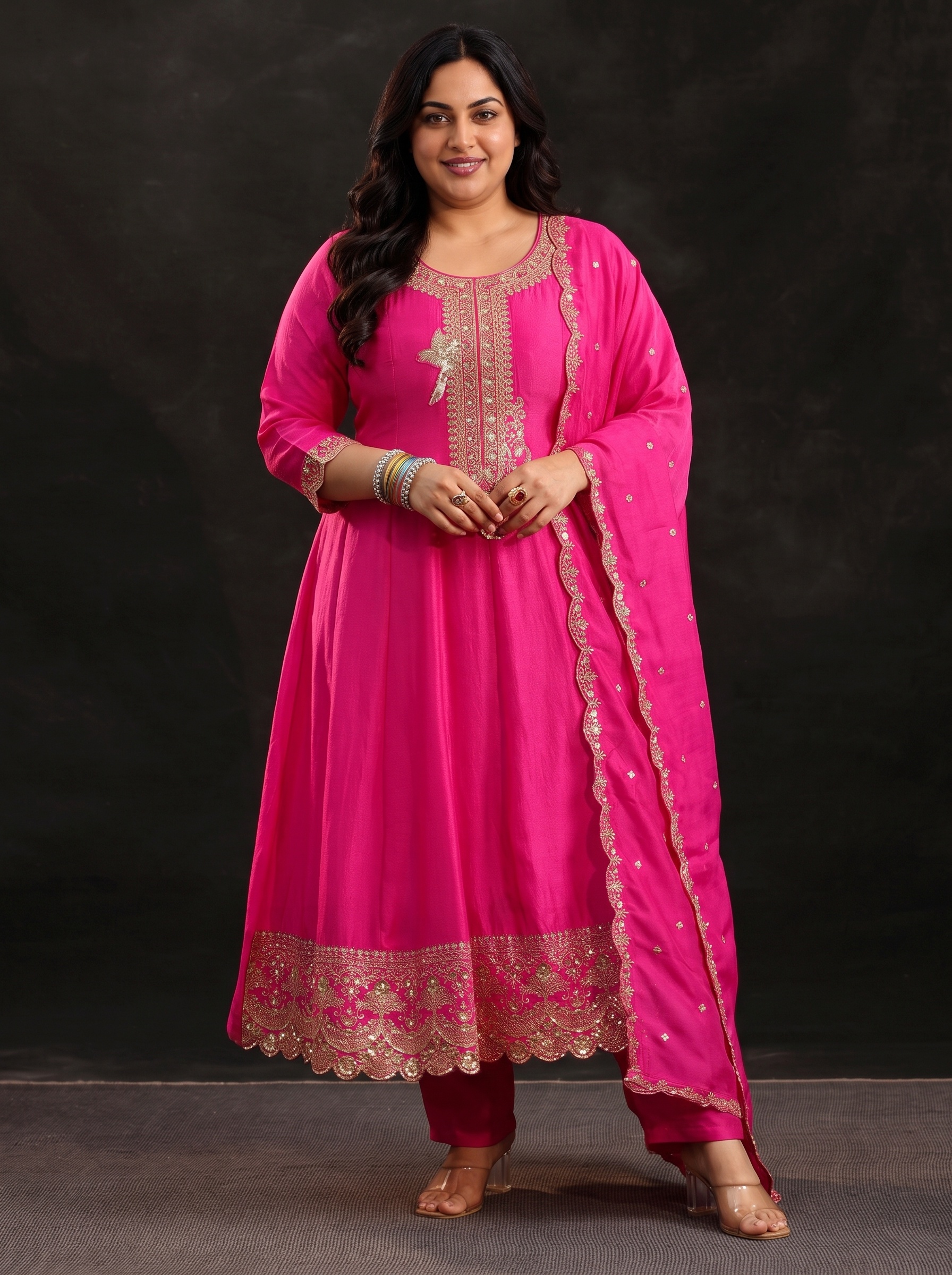 Pink Plus Size Embroidered Kurta Set with Dupatta