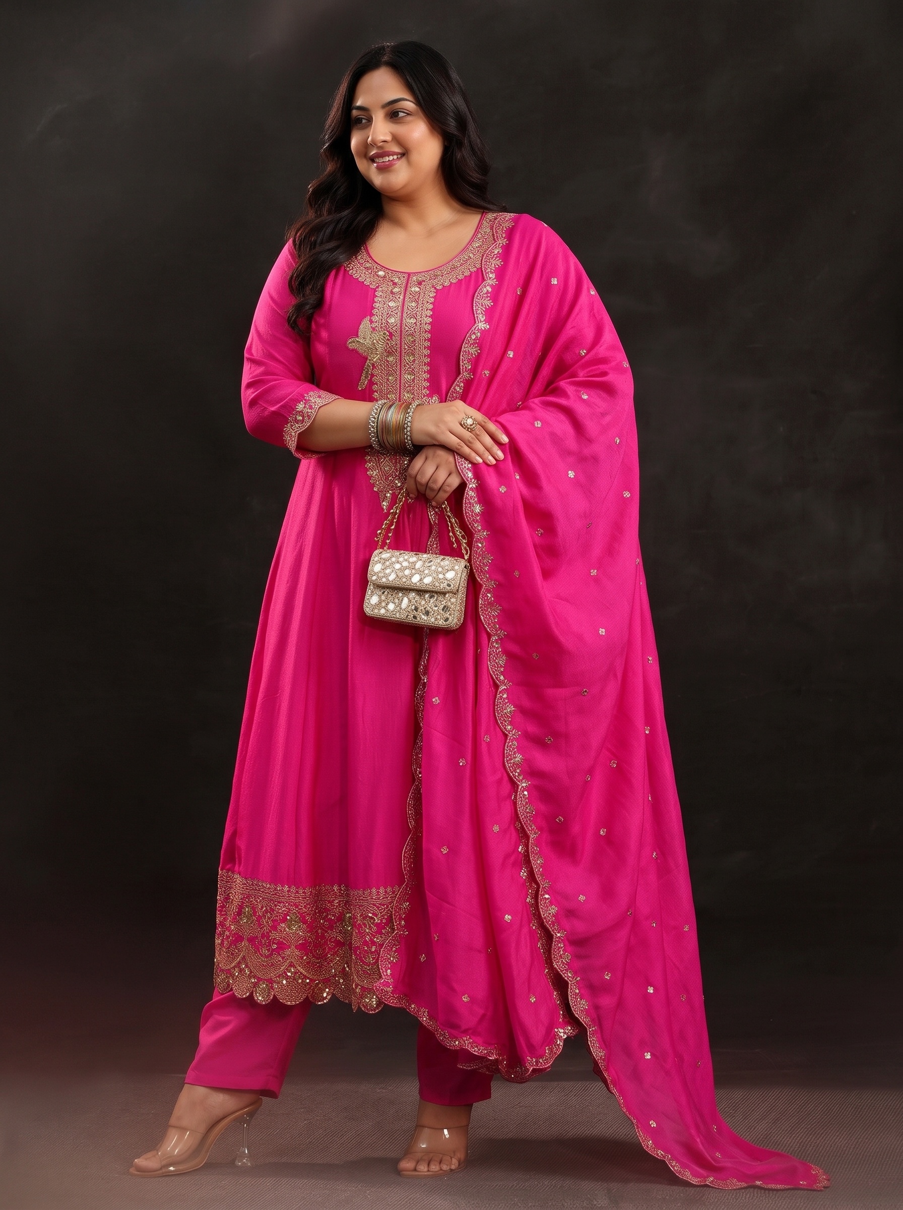 Pink Plus Size Embroidered Kurta Set with Dupatta