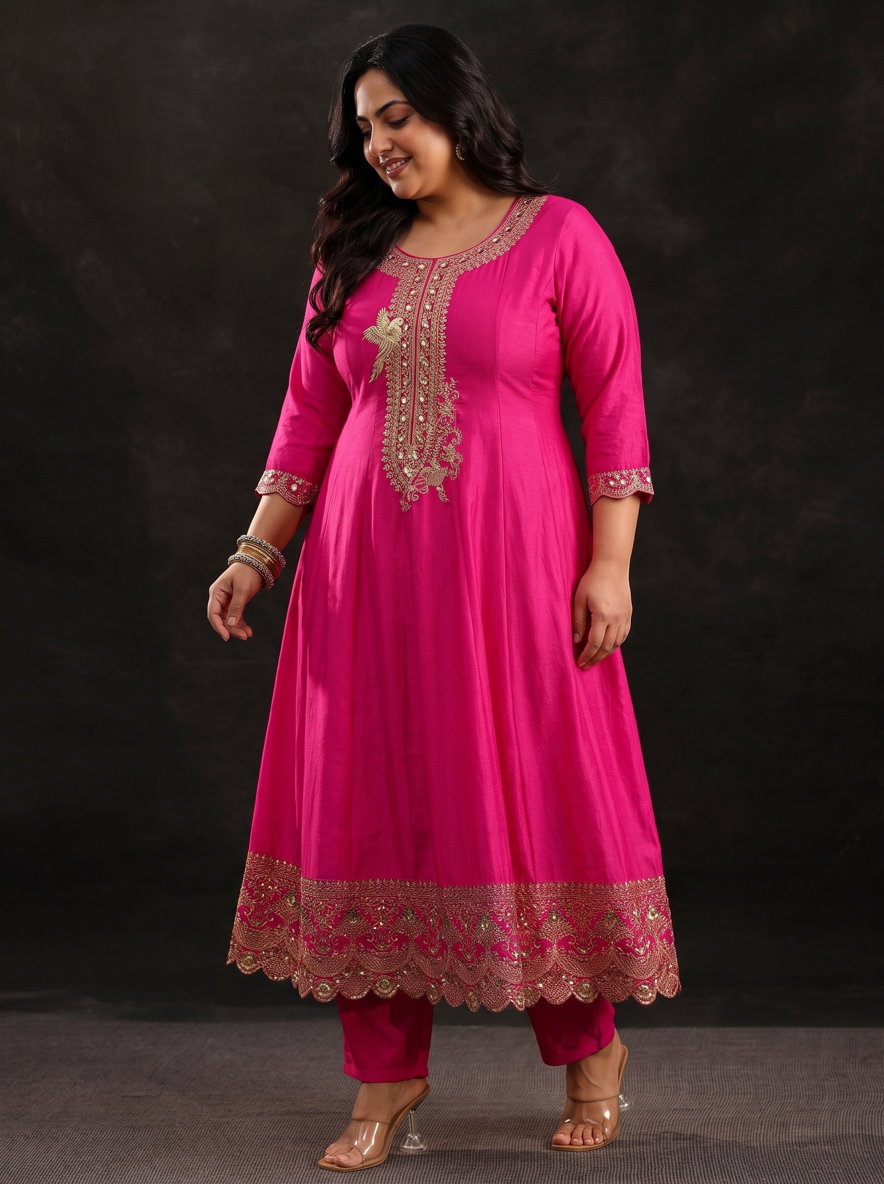 Pink Plus Size Embroidered Kurta Set with Dupatta