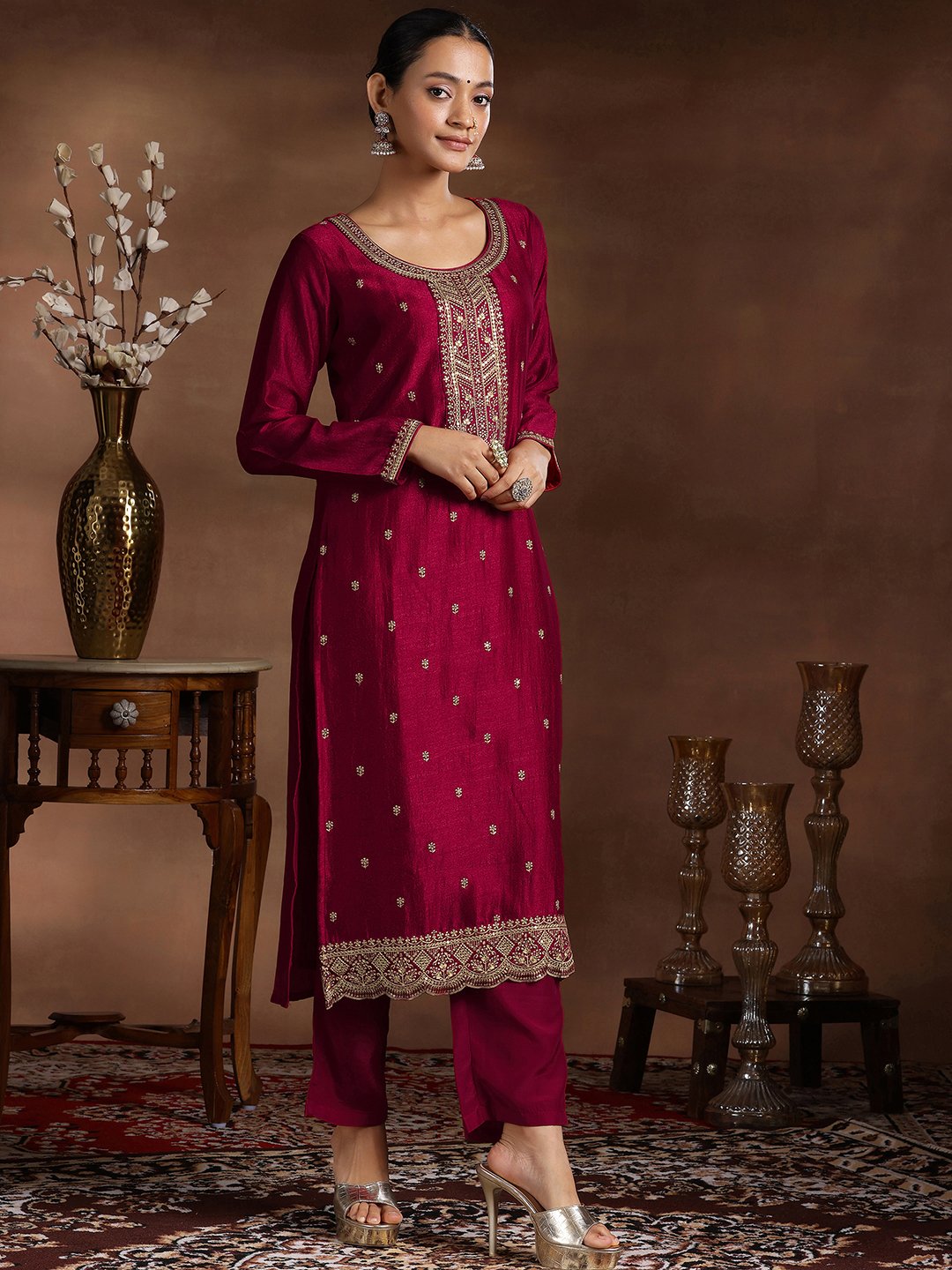 Maroon Embroidered Silk Blend Kurta Set with Dupatta