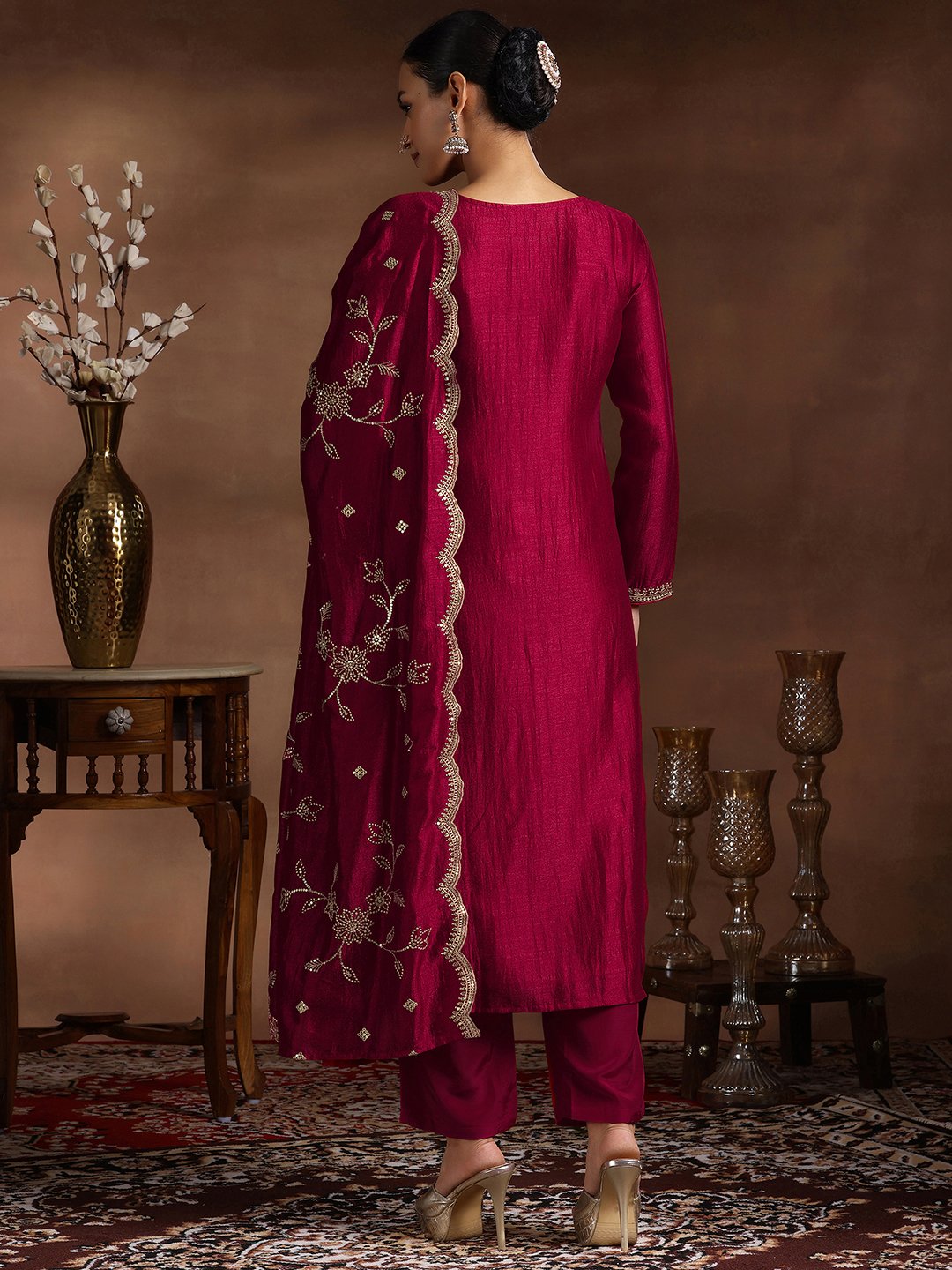 Maroon Embroidered Silk Blend Kurta Set with Dupatta