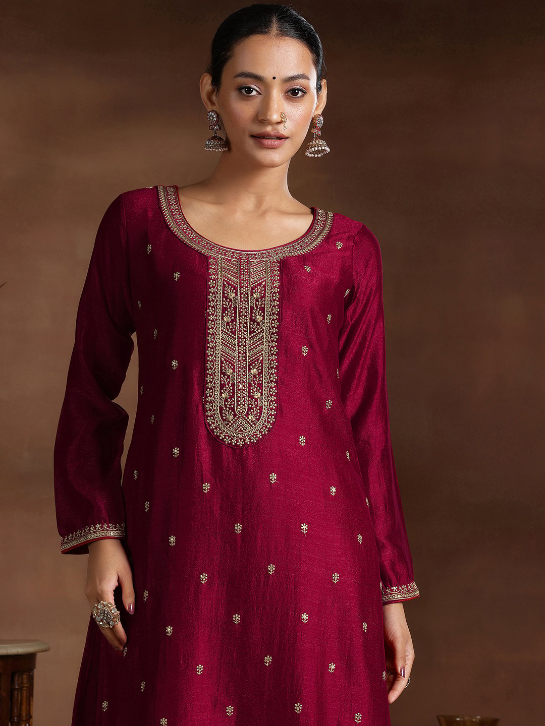 Maroon Embroidered Silk Blend Kurta Set with Dupatta