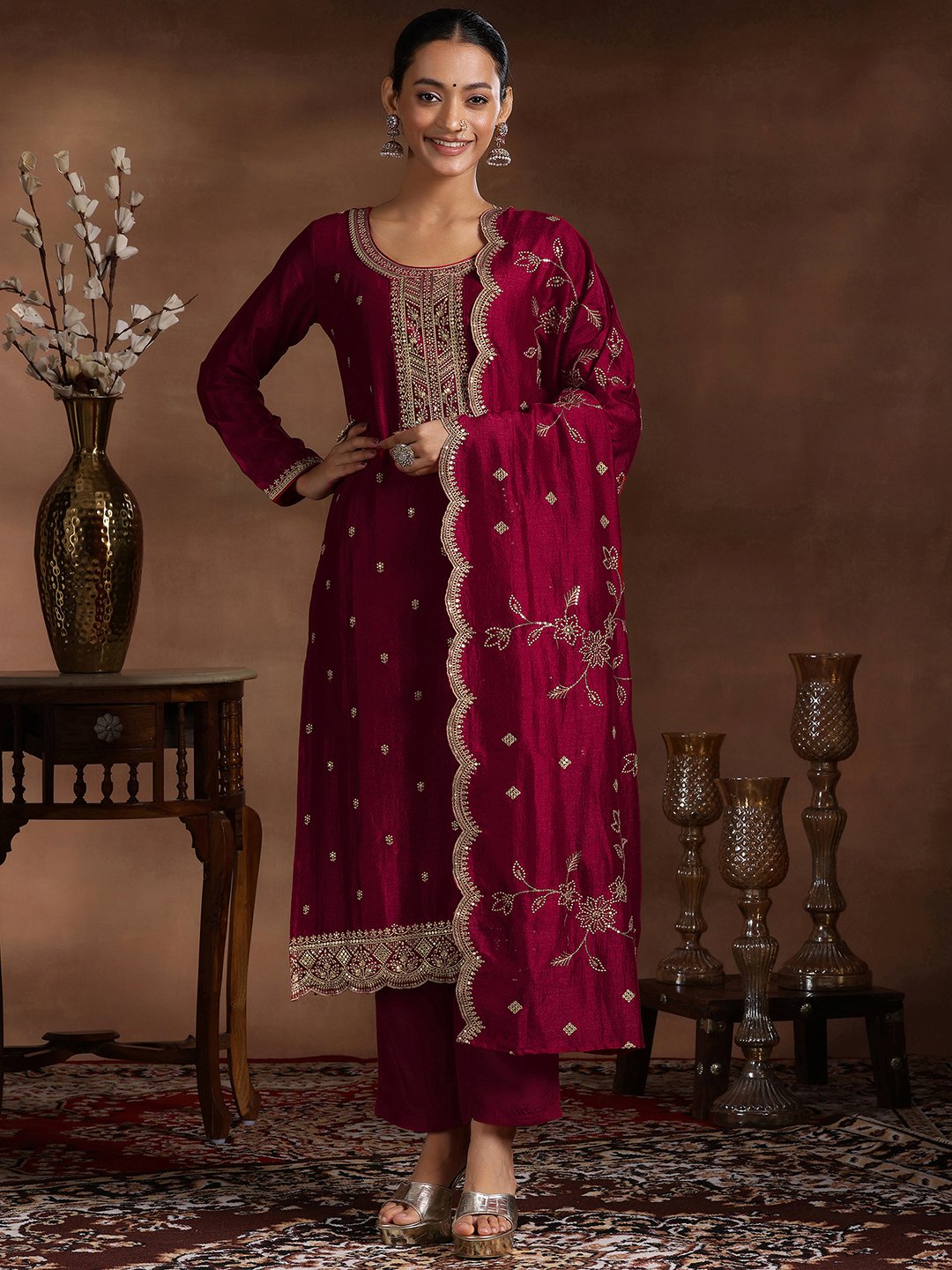 Maroon Embroidered Silk Blend Kurta Set with Dupatta