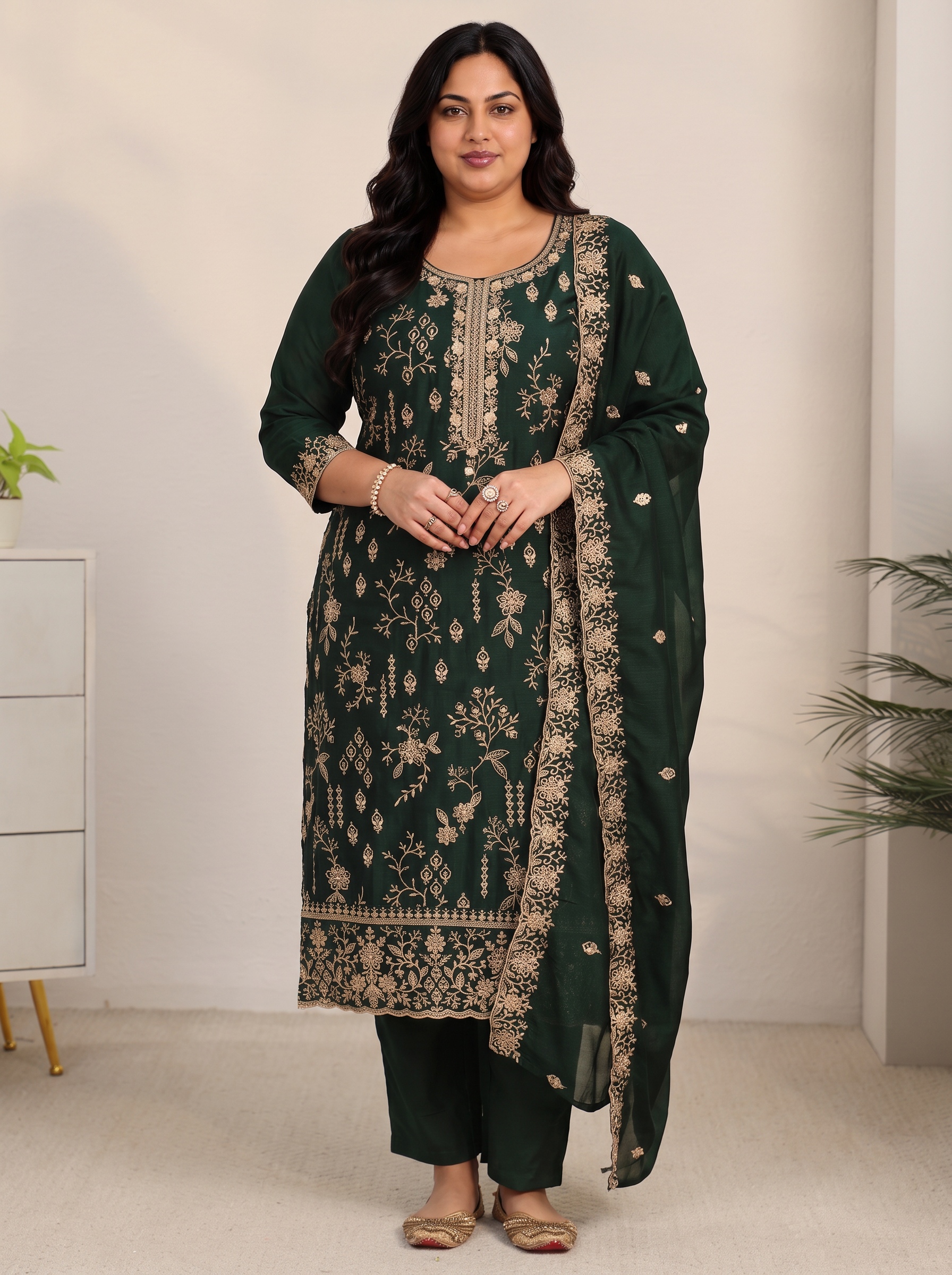 Plus Size Green Embroidered Kurta Set with Dupatta