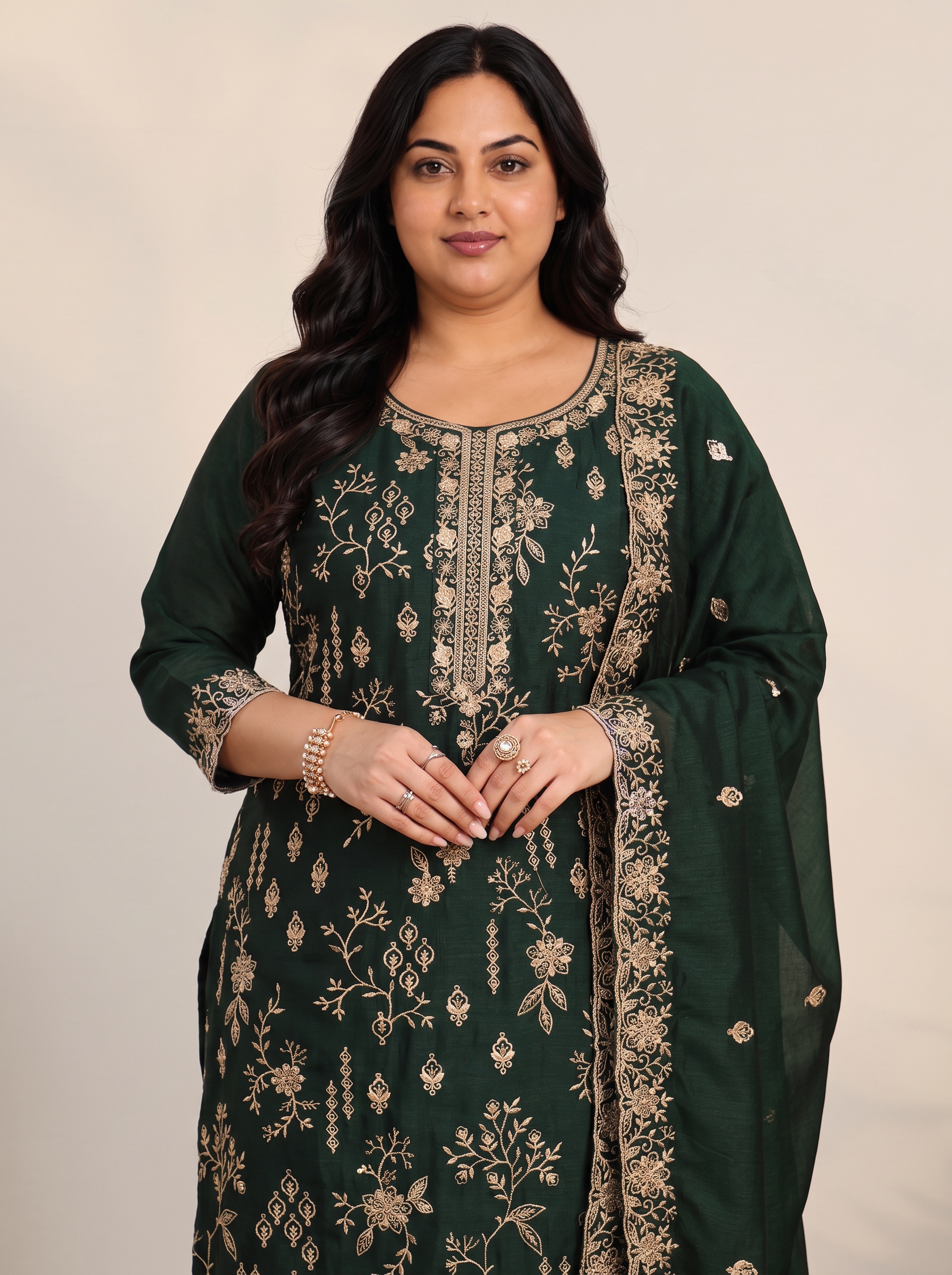 Plus Size Green Embroidered Kurta Set with Dupatta
