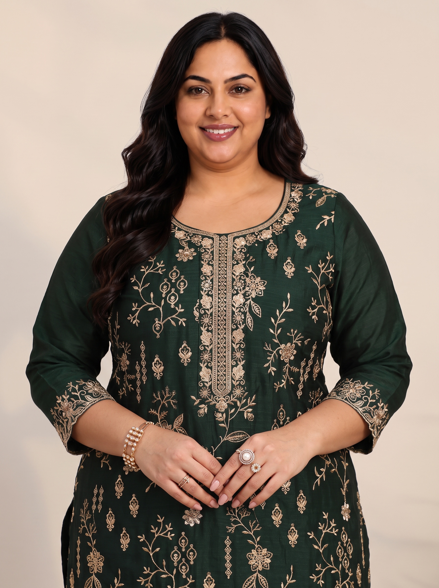 Plus Size Green Embroidered Kurta Set with Dupatta
