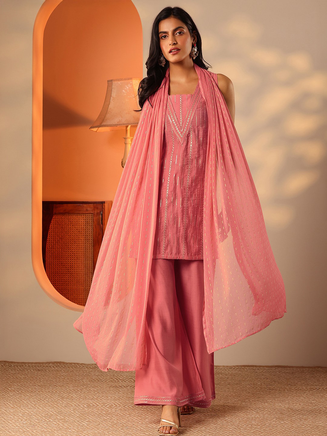 Peach Embroidered Silk Blend Kurta Set with Flared Palazzo and Dupatta